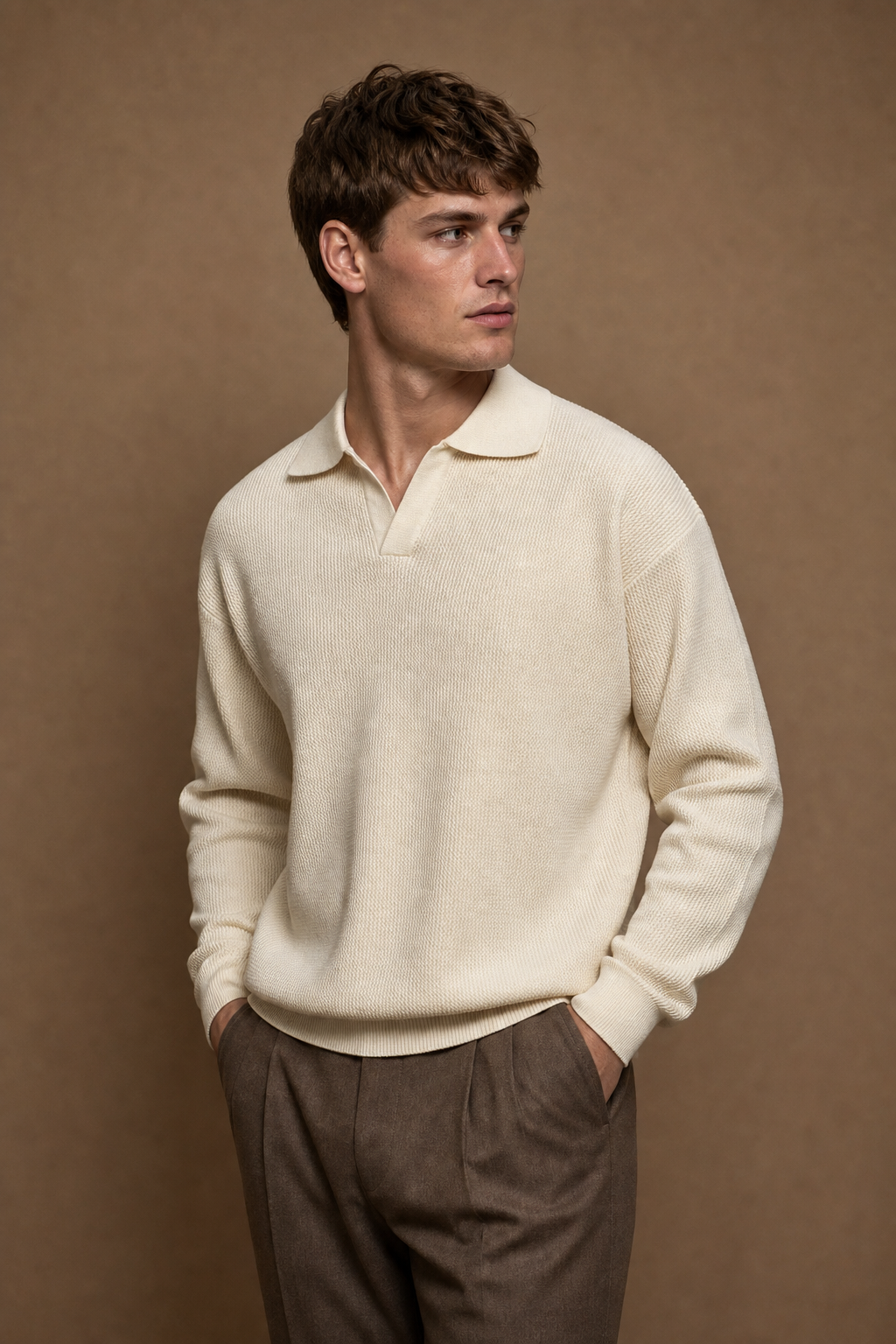 Lyon V-Neck Polo Sweater in Cream on model - front pose