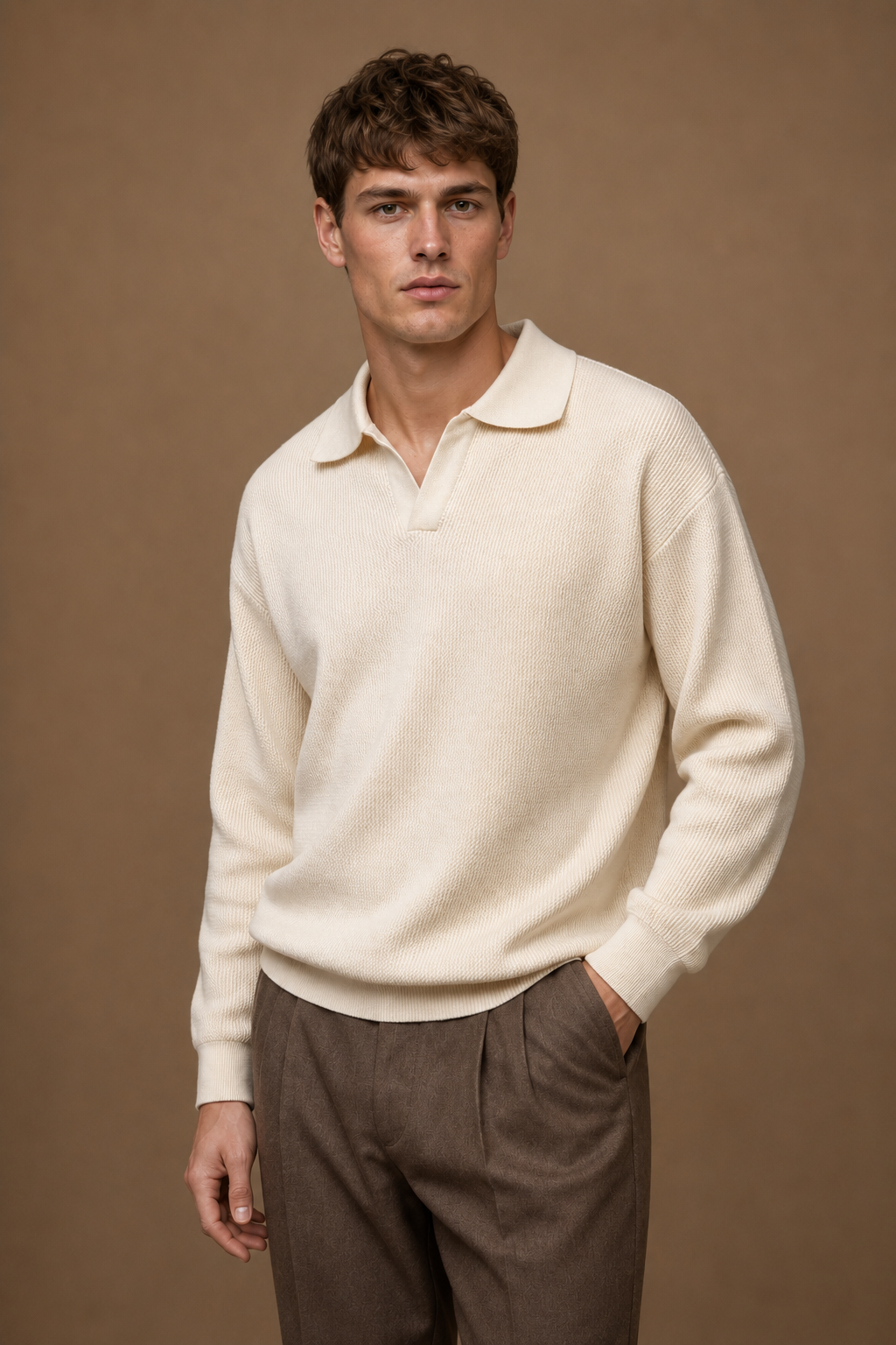 Lyon V-Neck Polo Sweater in Cream on model - alternate pose