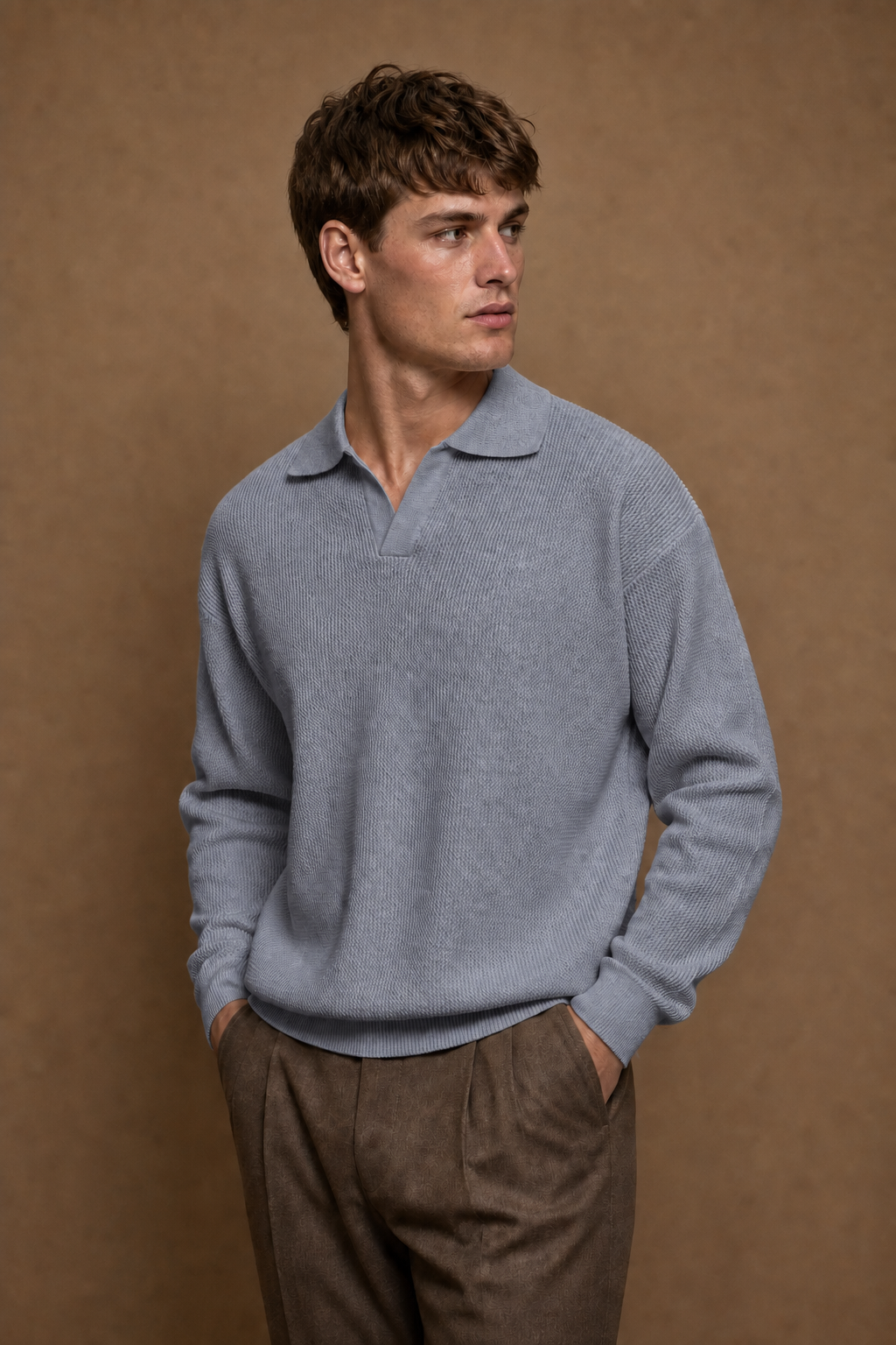 Lyon V-Neck Polo Sweater in Grey on model - front pose