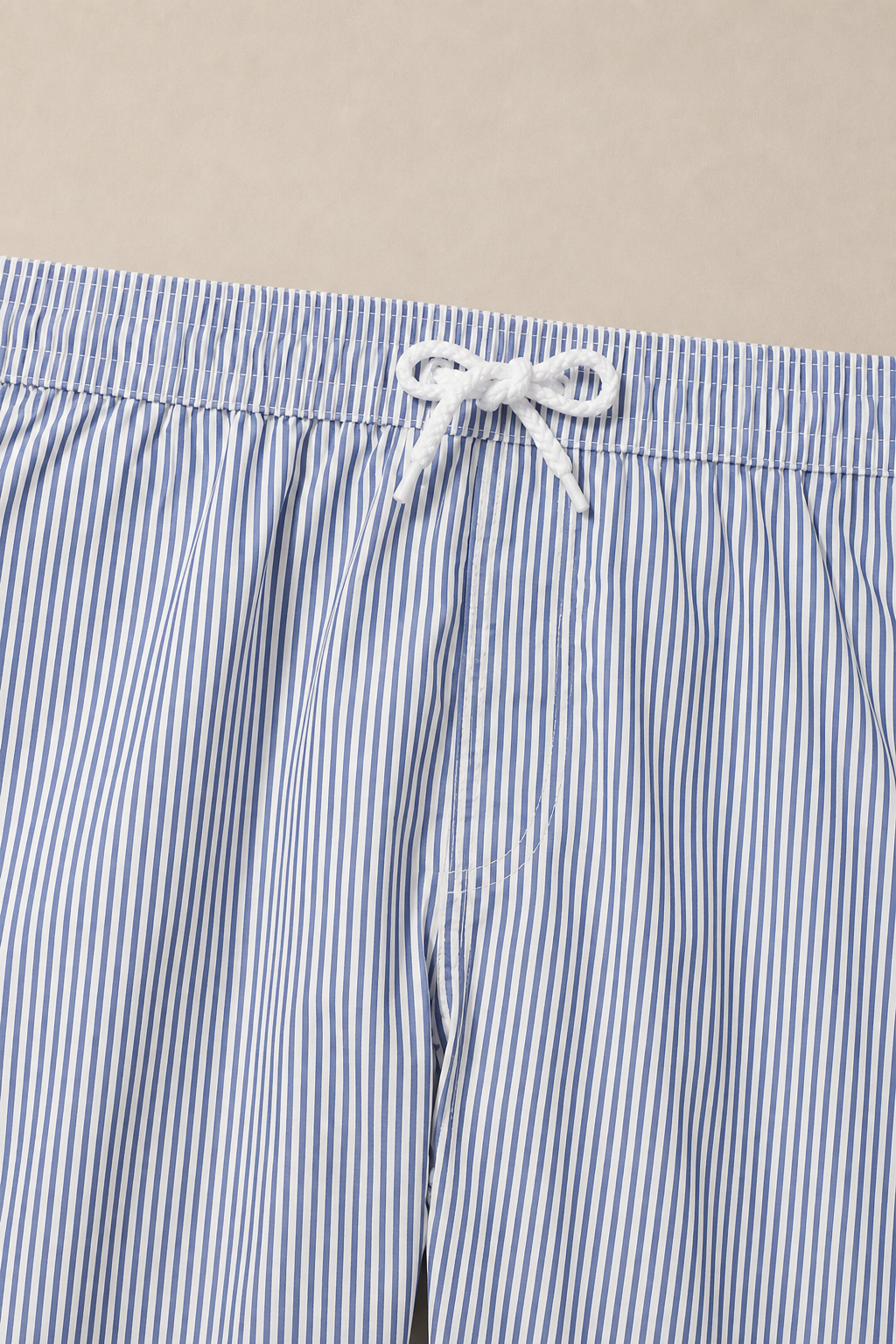 Maiori Striped Swim Shorts in White with French Blue Pinstripes - fabric detail