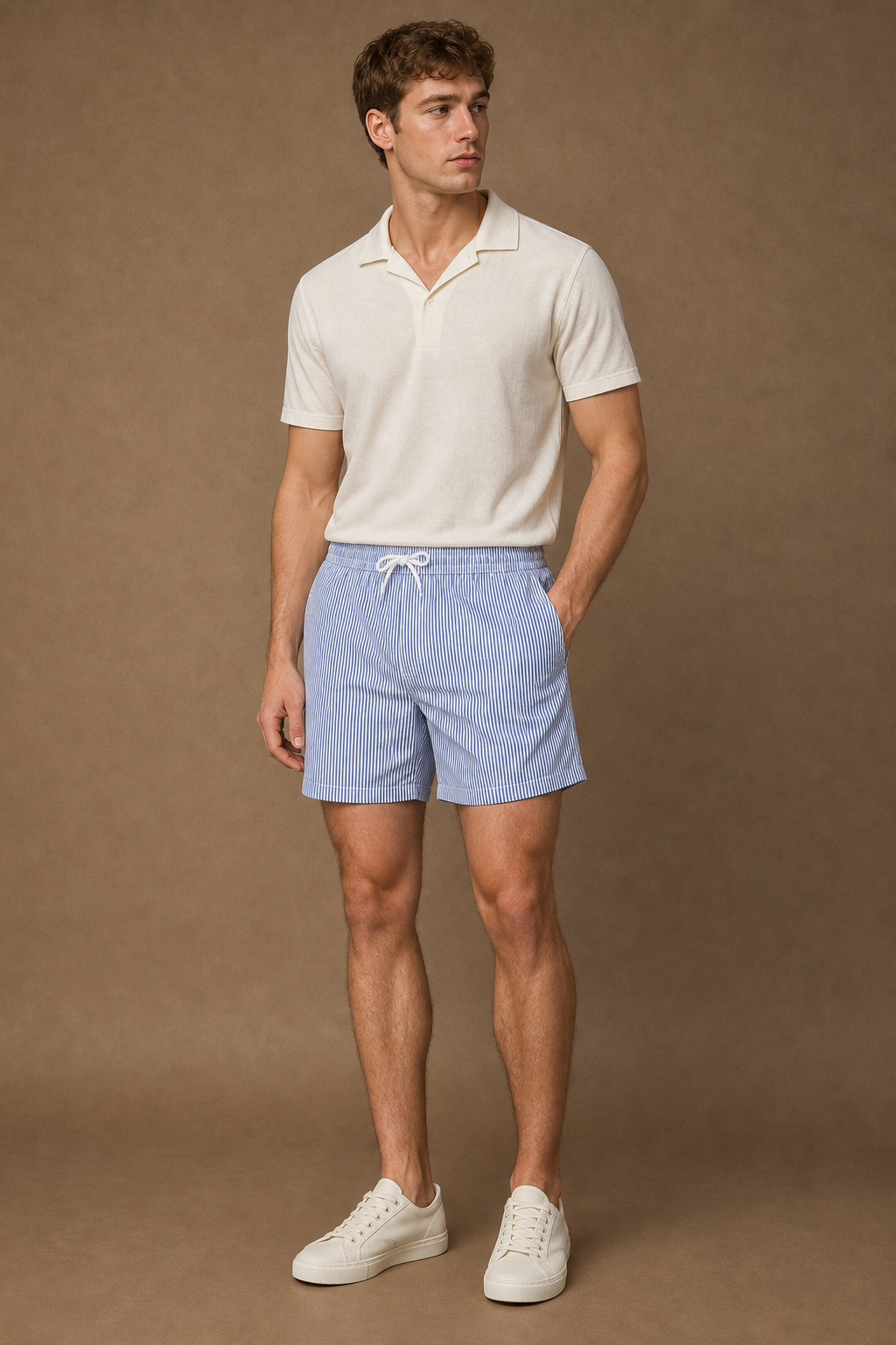 Maiori Striped Swim Shorts in White with French Blue Pinstripes on model - front pose