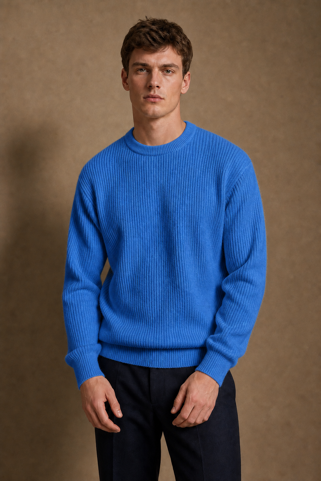 Marbella Ribbed Sweater in Blue on model - front pose
