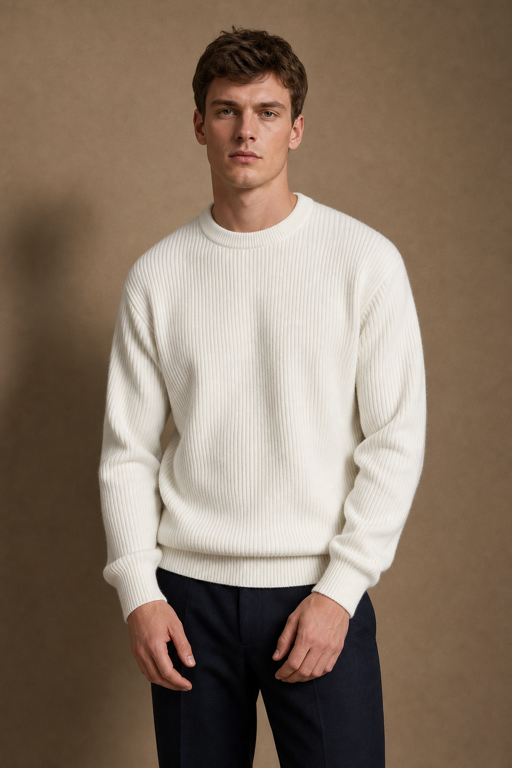 Marbella Ribbed Sweater in Ivory on model - front pose