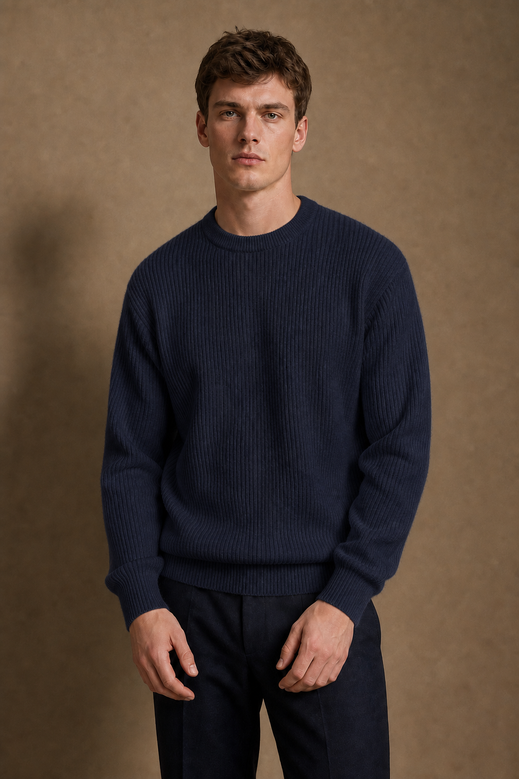 Marbella Ribbed Sweater in Navy on model - front pose