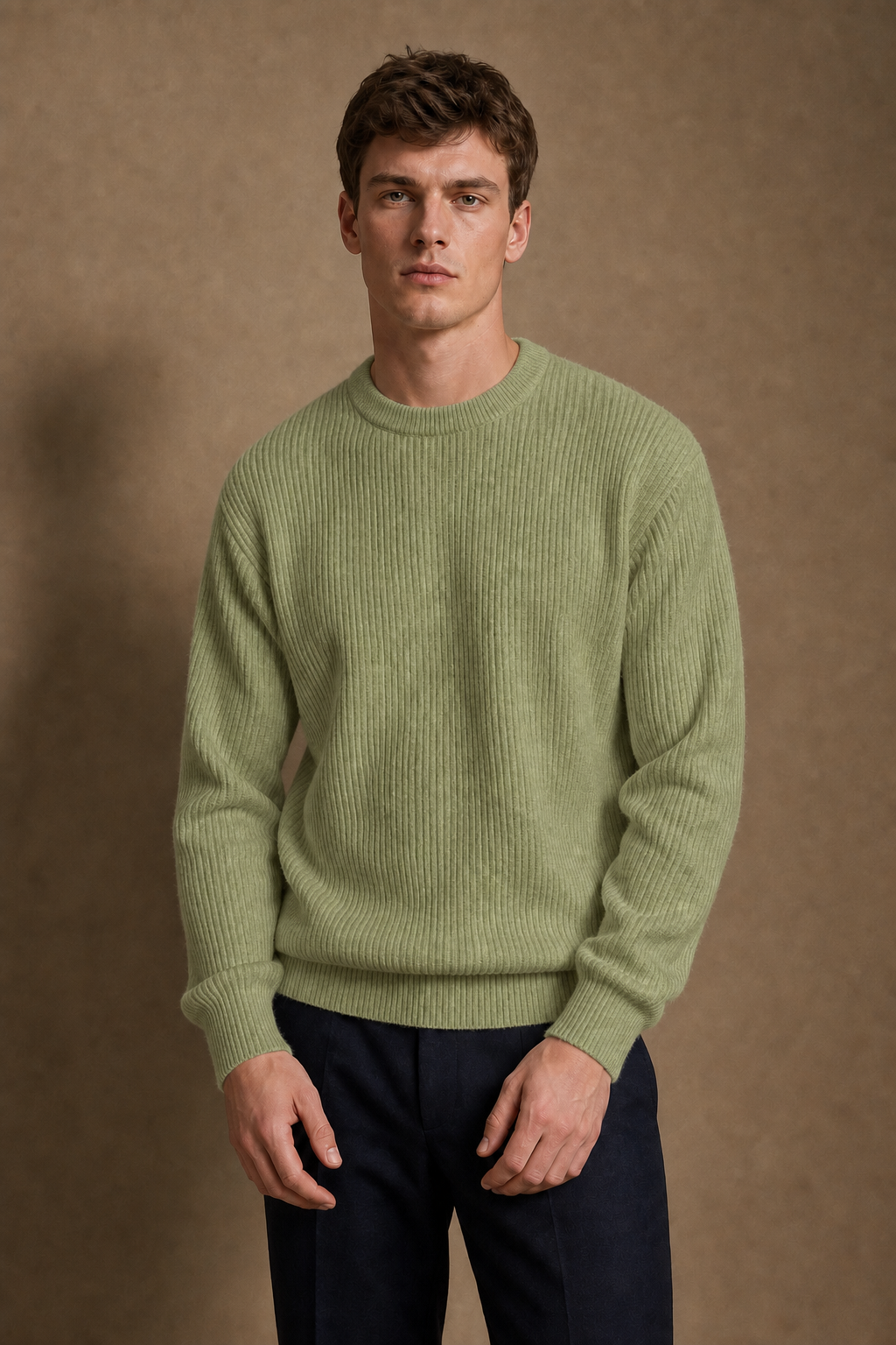 Marbella Ribbed Sweater in Olive on model - front pose