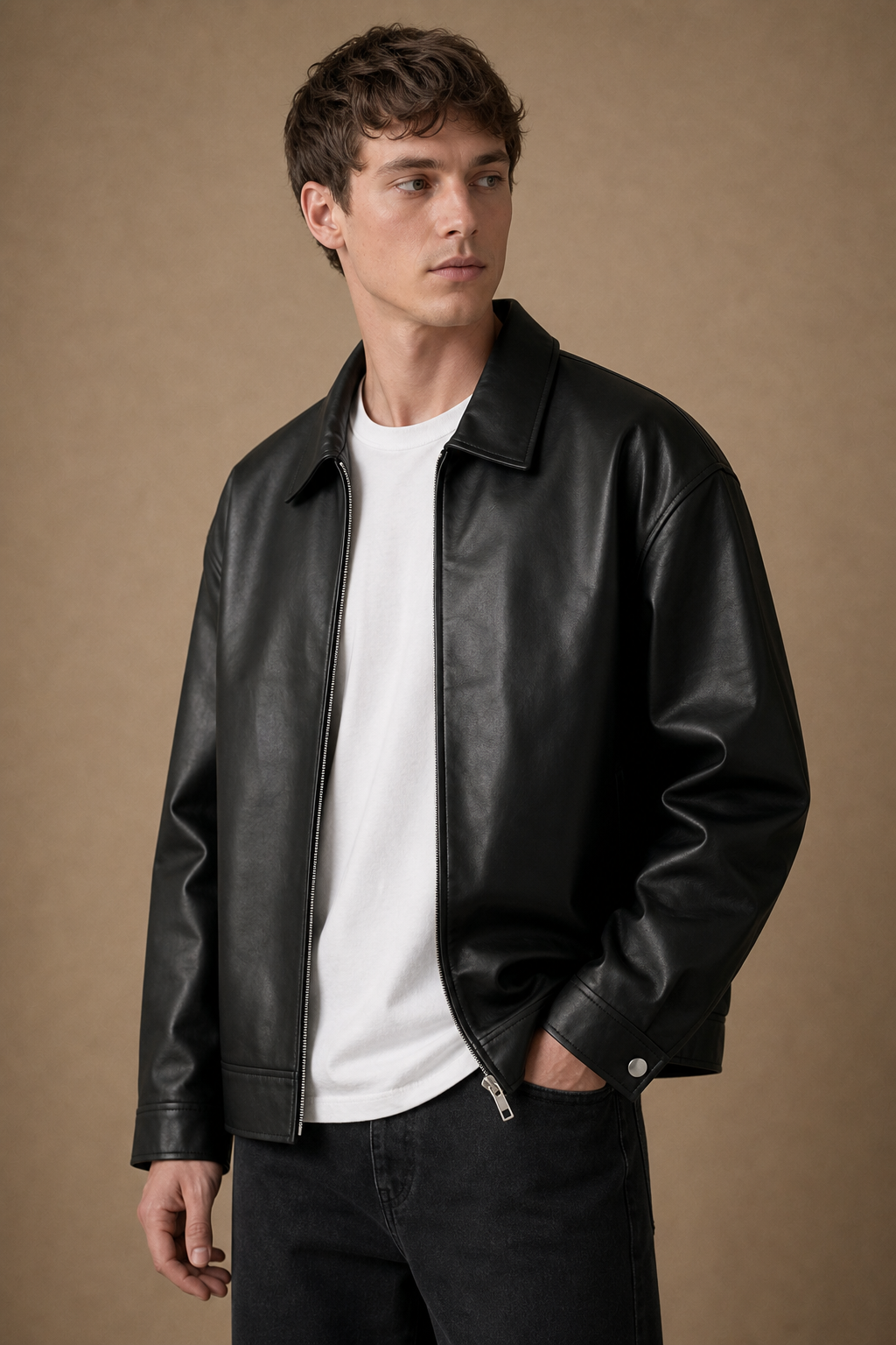 Massimo Leather Jacket in Black on model — front pose