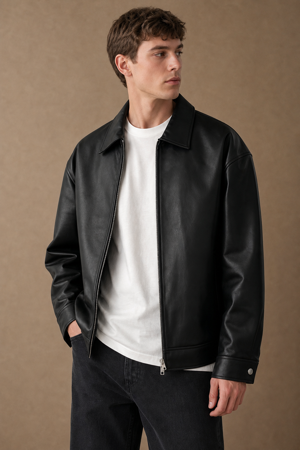 Massimo Leather Jacket in Black on model — alternate pose