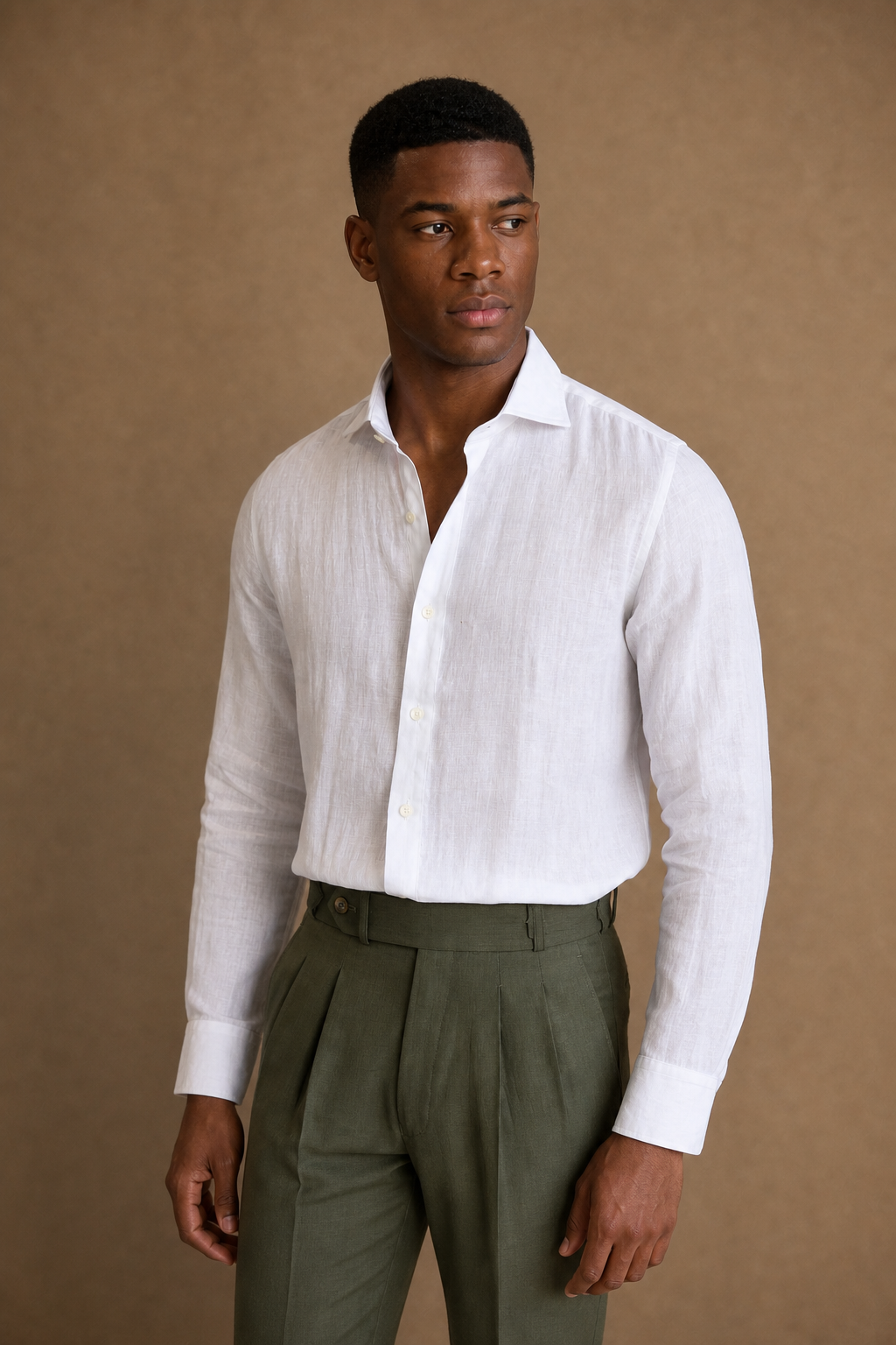 Matera 100% Linen Shirt in White on model - alternate pose