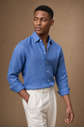 Menaggio 100% Linen Slim-Fit Shirt in French Blue on model - front pose