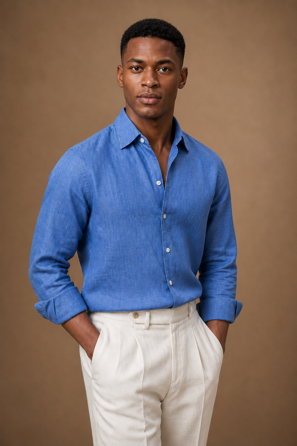 Menaggio 100% Linen Slim-Fit Shirt in French Blue on model - alternate pose