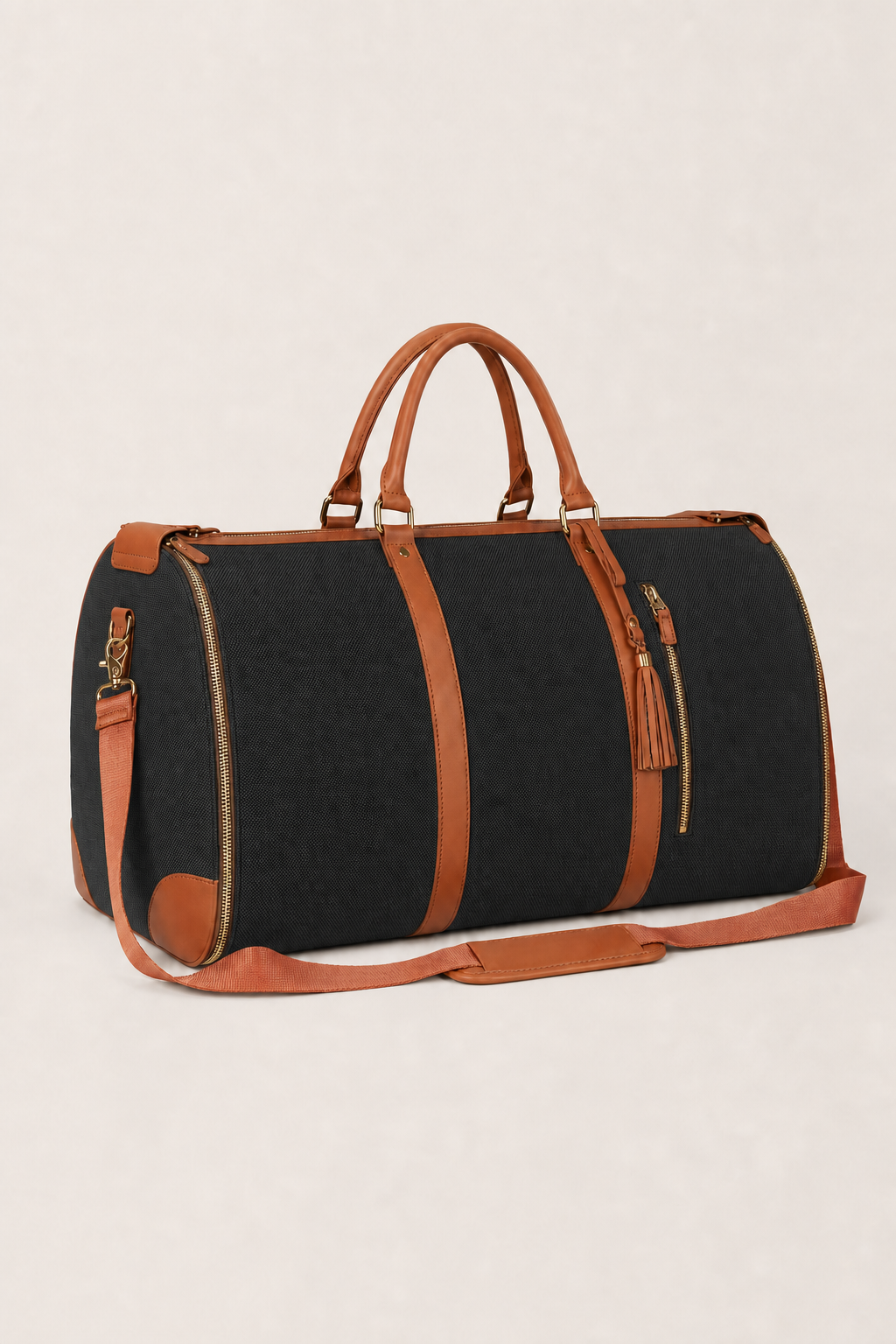 Menorca Weekender Duffle Bag in Black and Cognac - angle view