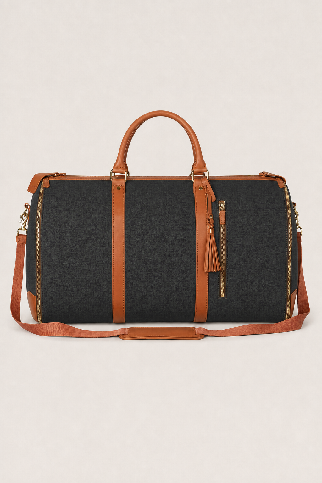 Menorca Weekender Duffle Bag in Black and Cognac - front view