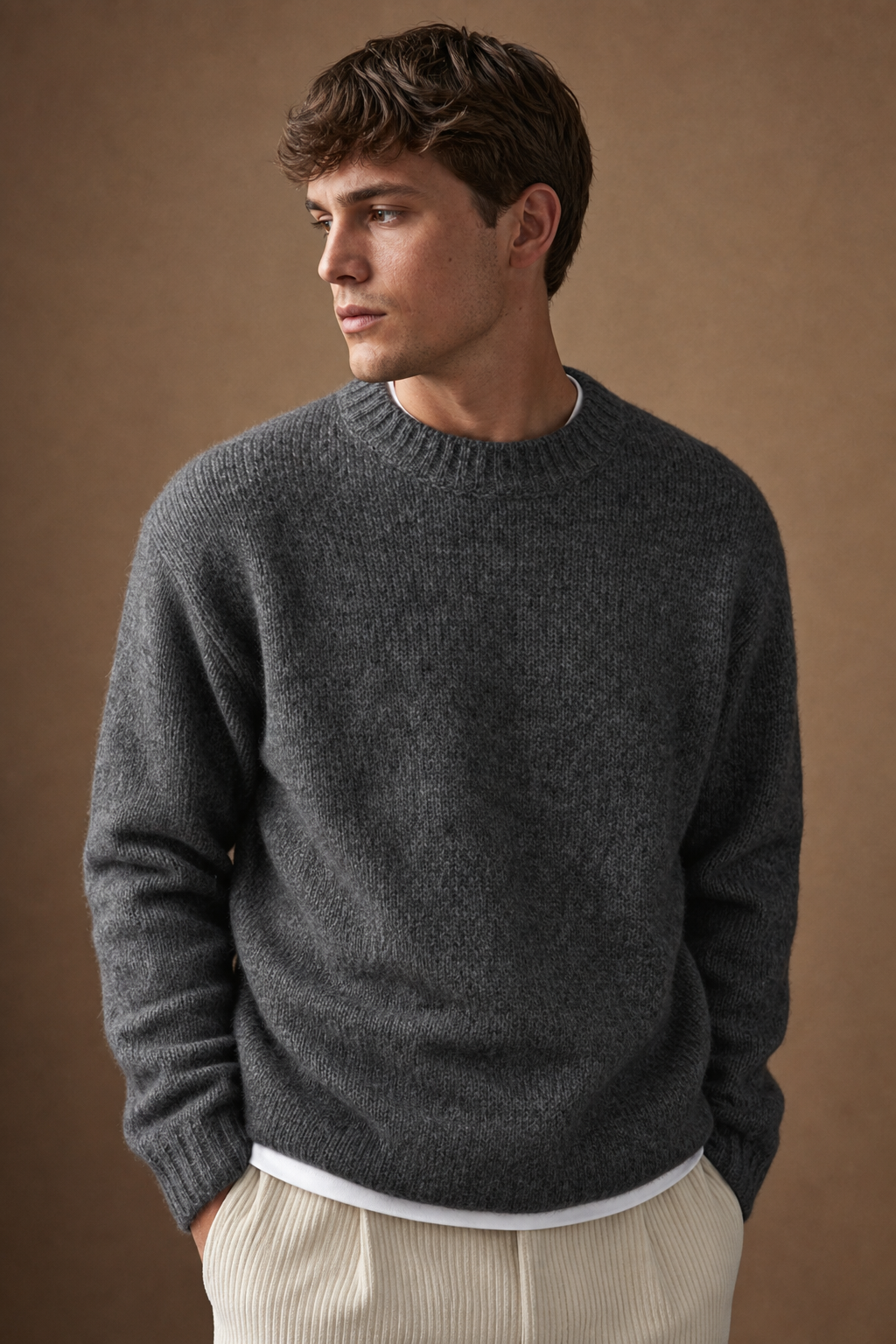 Milano Knit Sweater in Charcoal on model — front pose