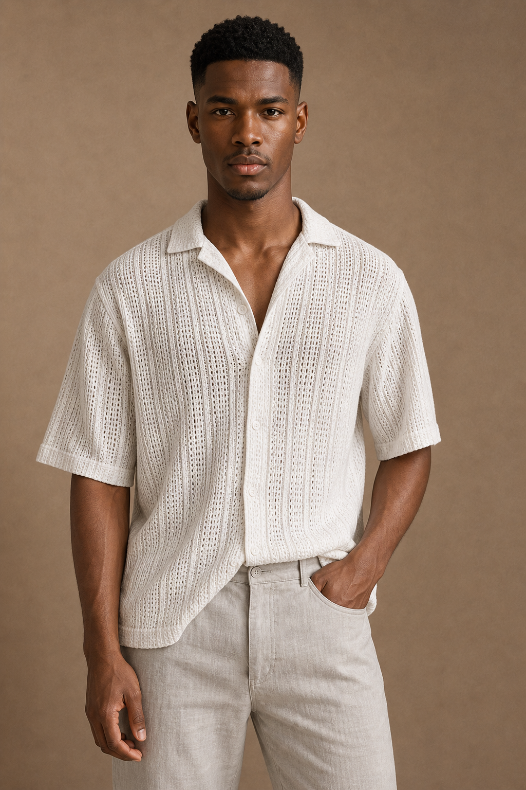 Milos Crochet Shirt in Cream on model - front pose