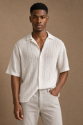 Milos Crochet Shirt in Cream on model - front pose