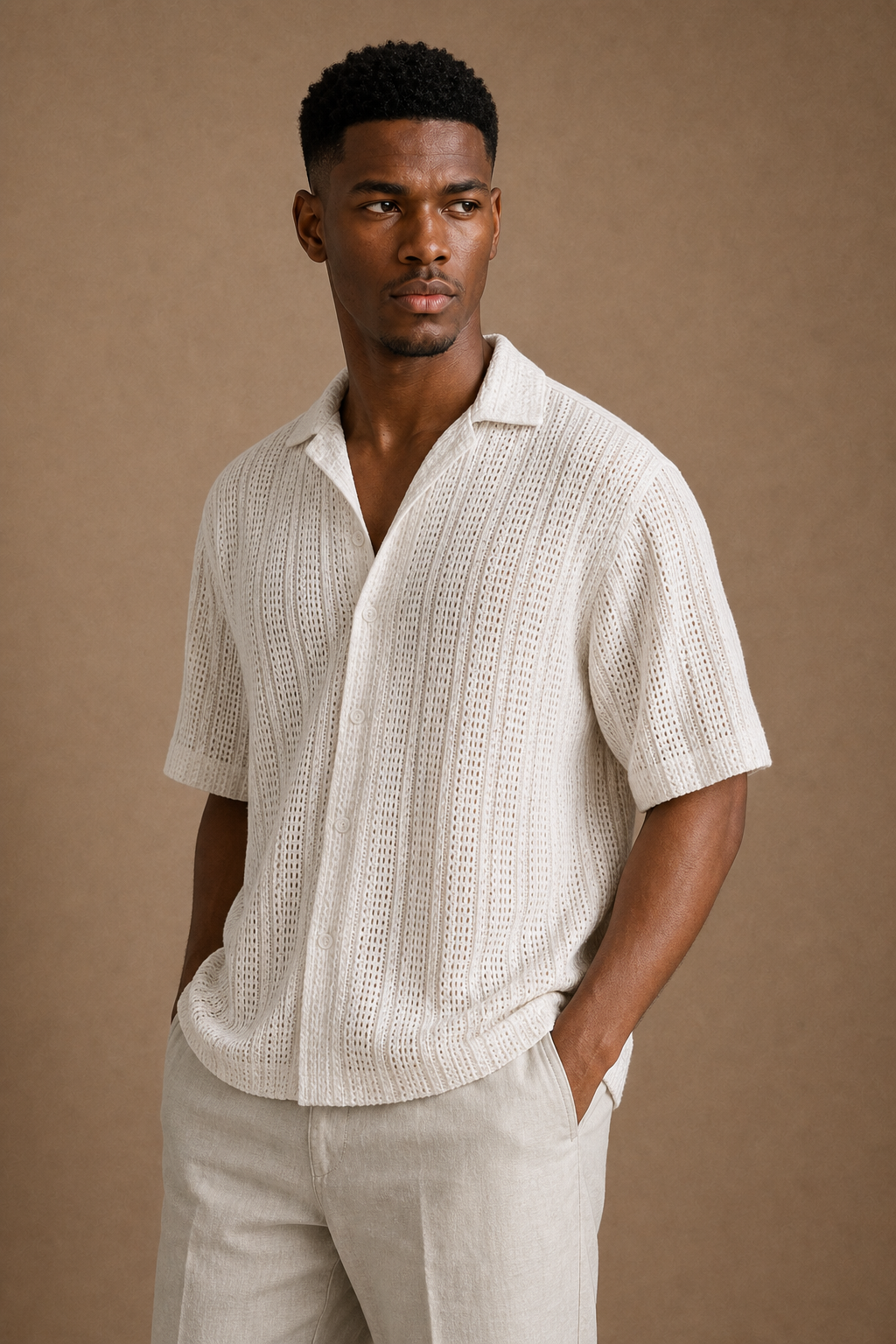 Milos Crochet Shirt in Cream on model - alternate pose