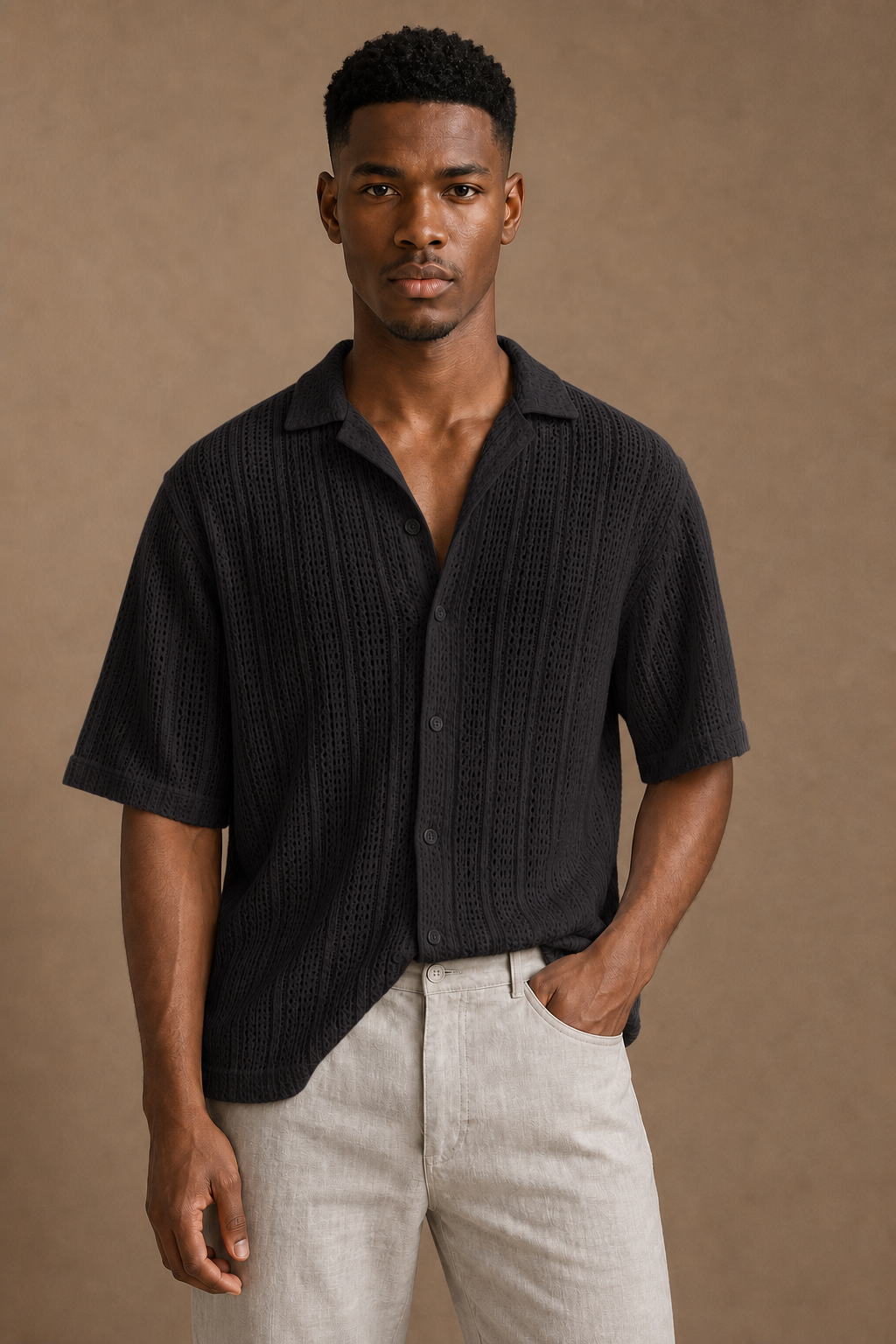 Milos Crochet Shirt in Black on model - front pose