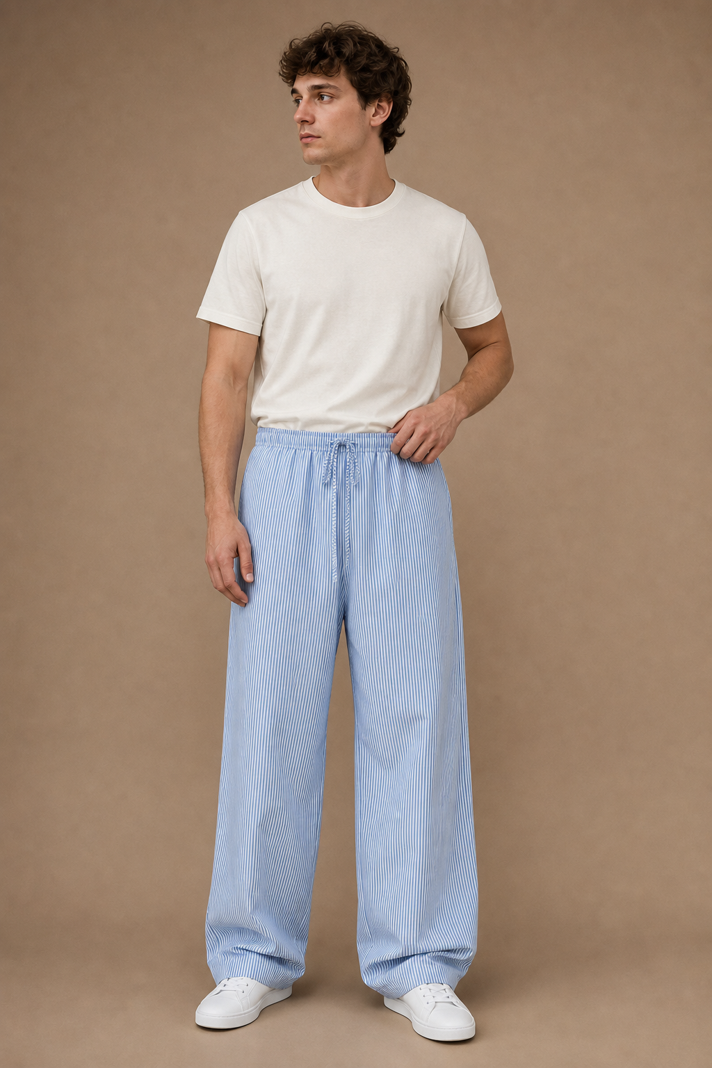Mincio Striped Cotton Trousers in Blue with White Stripes on model - front pose
