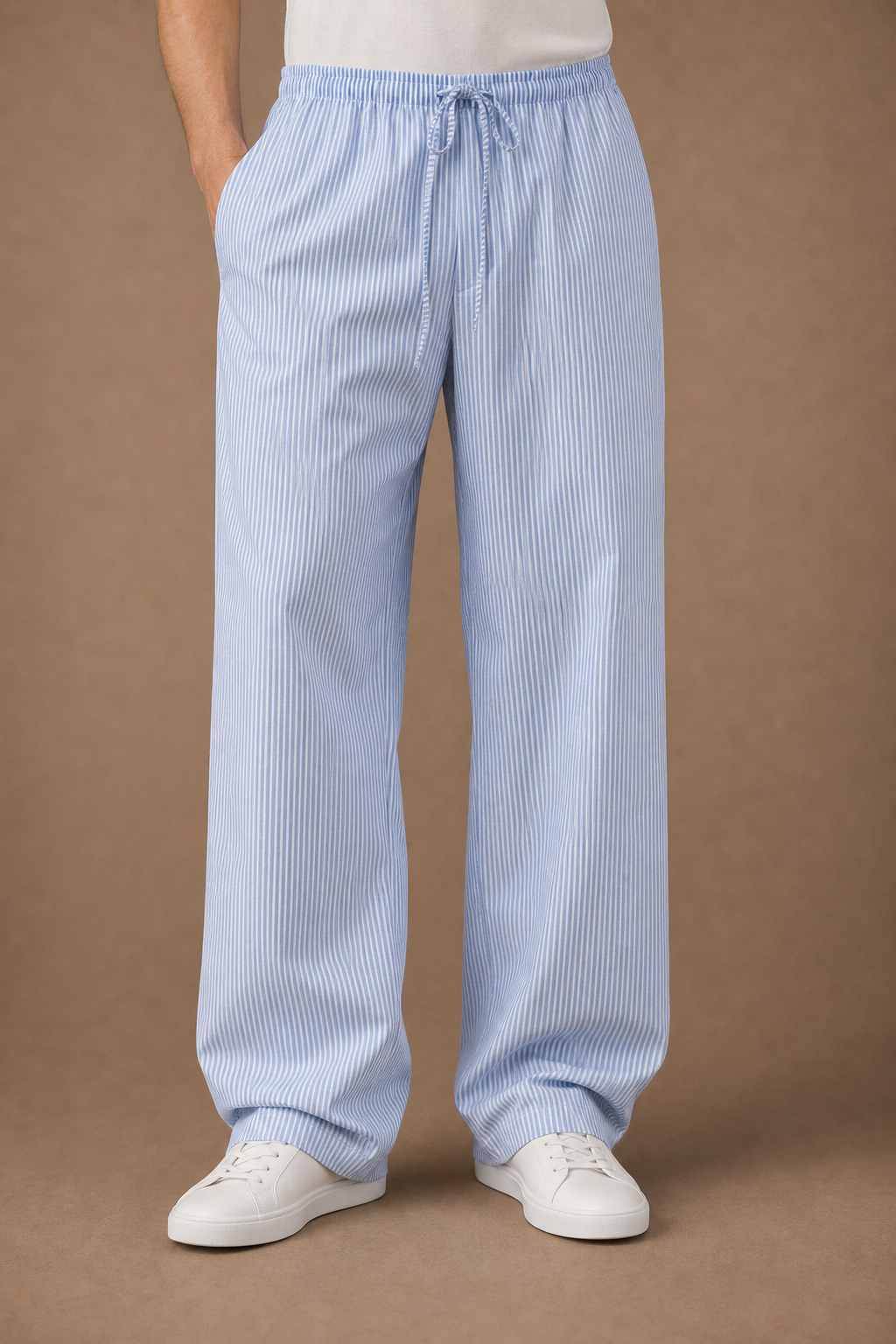 Mincio Striped Cotton Trousers in Blue with White Stripes on model - alternate pose