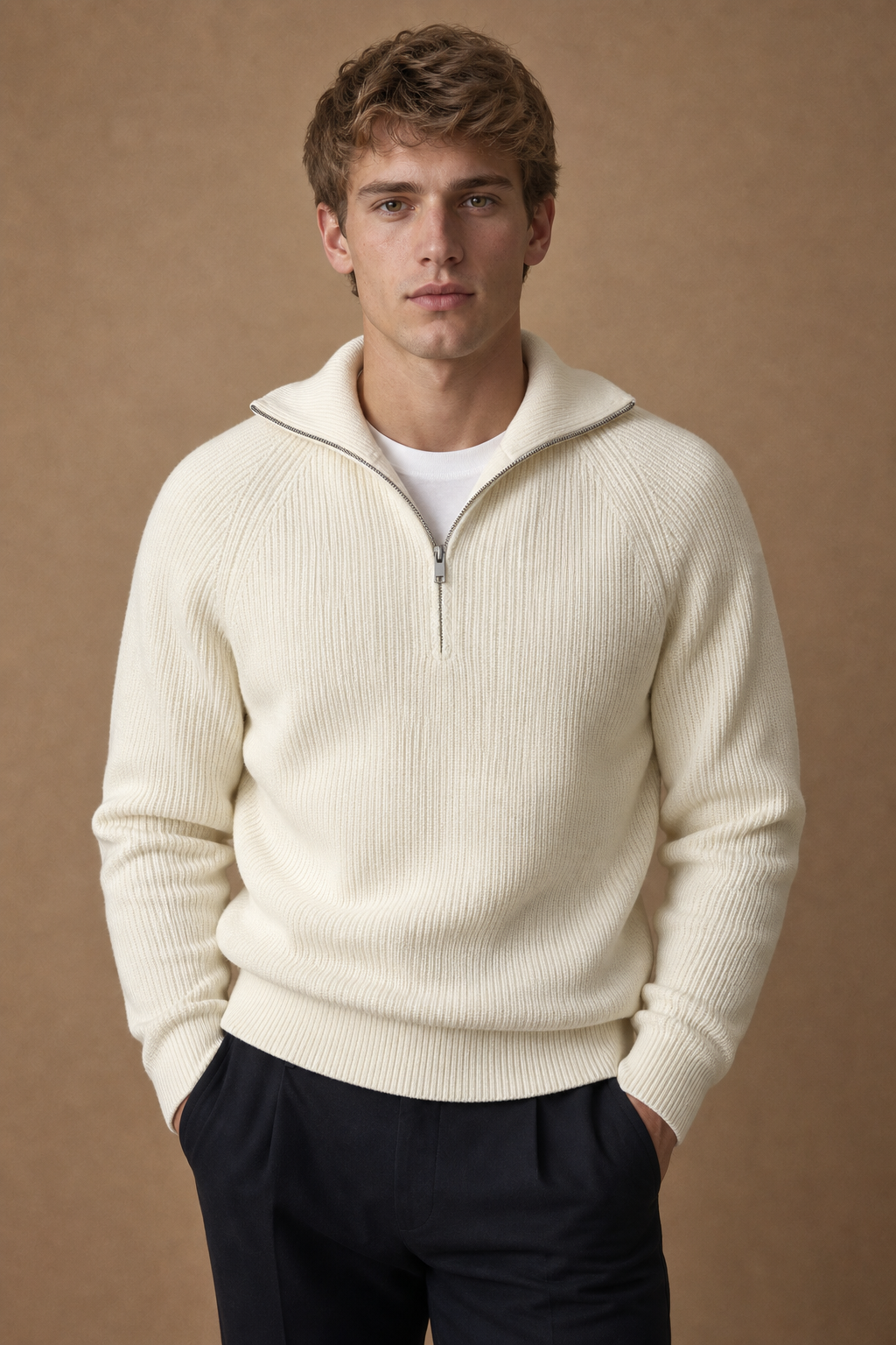 Mykonos Quarter Zip Sweater in Ecru on model — front pose