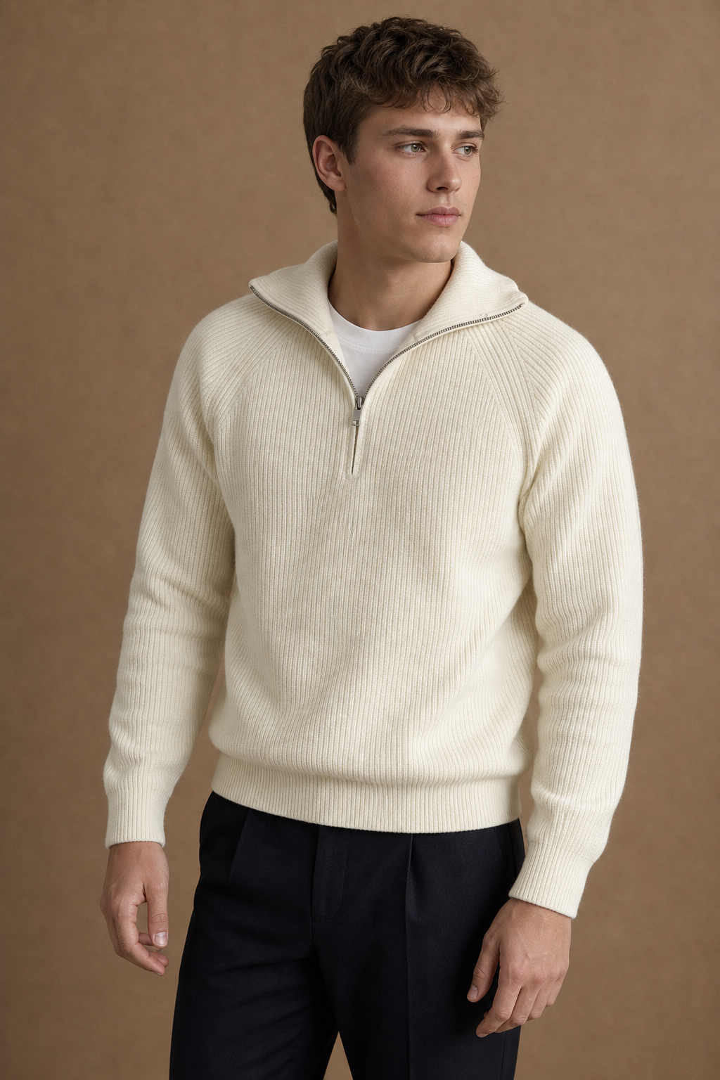 Mykonos Quarter Zip Sweater in Ecru on model — alternate pose