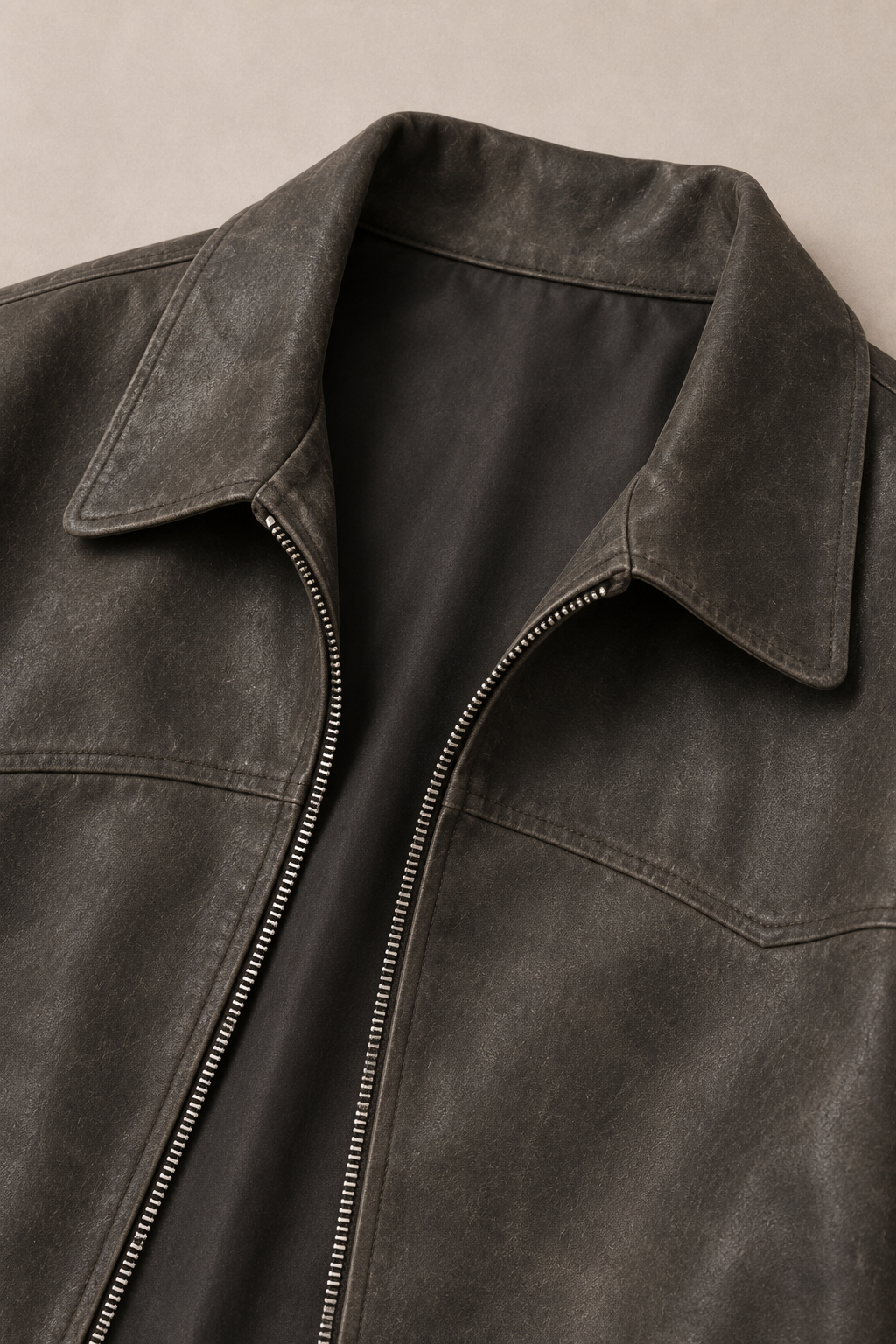 Modena Cropped Leather Jacket in Vintage Grey — fabric detail