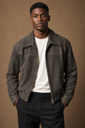 Modena Cropped Leather Jacket in Vintage Grey on model — front pose