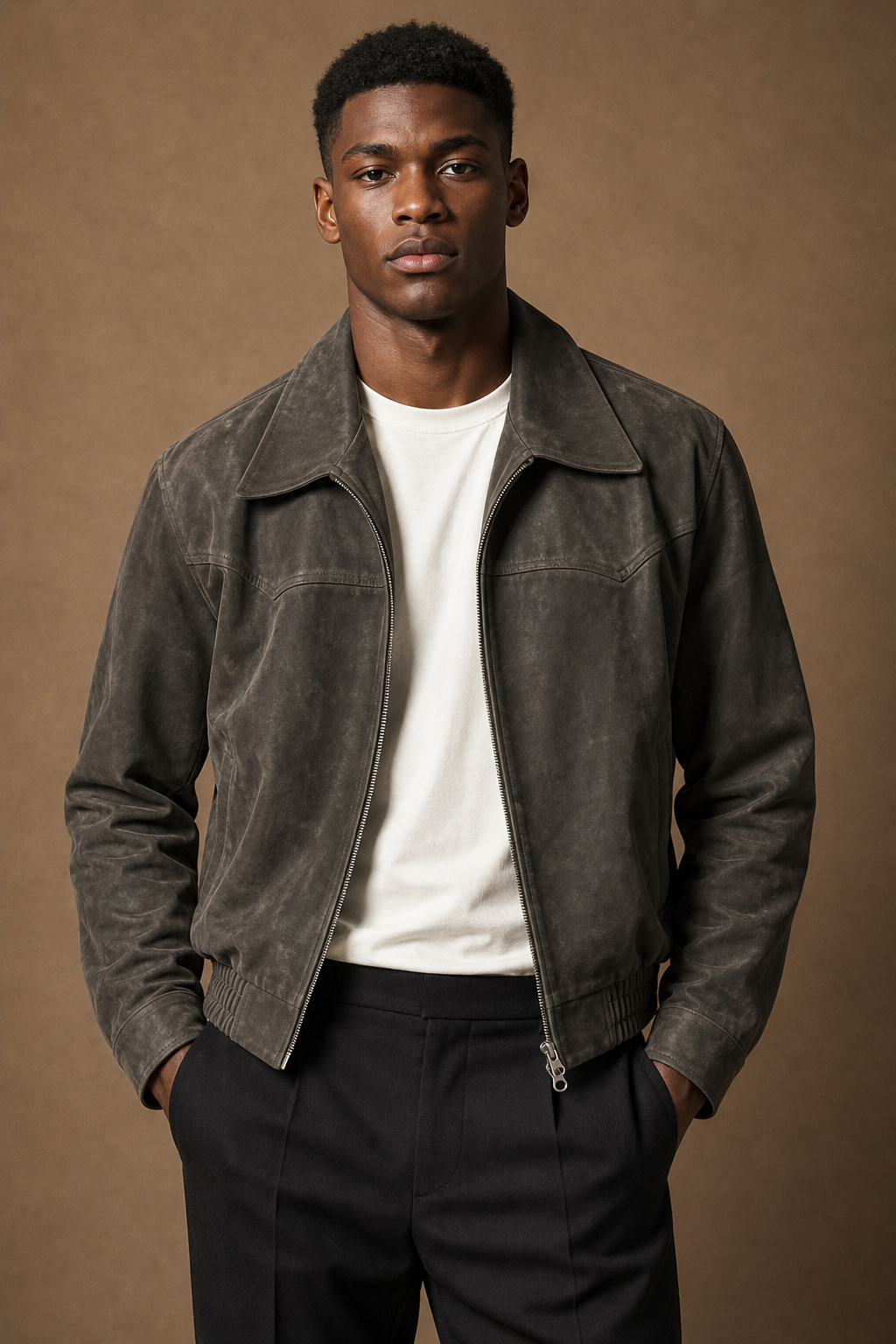 Modena Cropped Leather Jacket in Vintage Grey on model — front pose