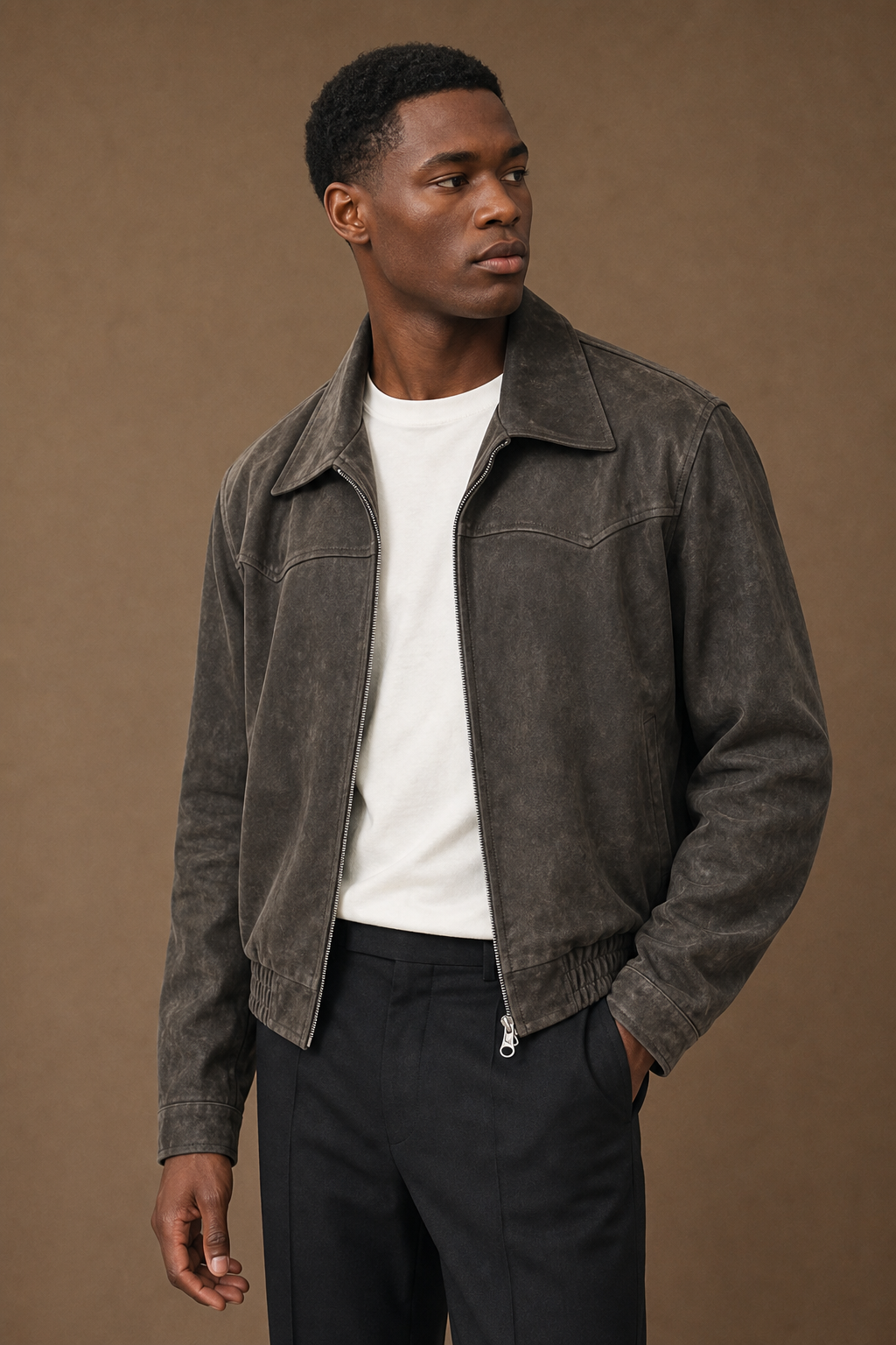 Modena Cropped Leather Jacket in Vintage Grey on model — alternate pose