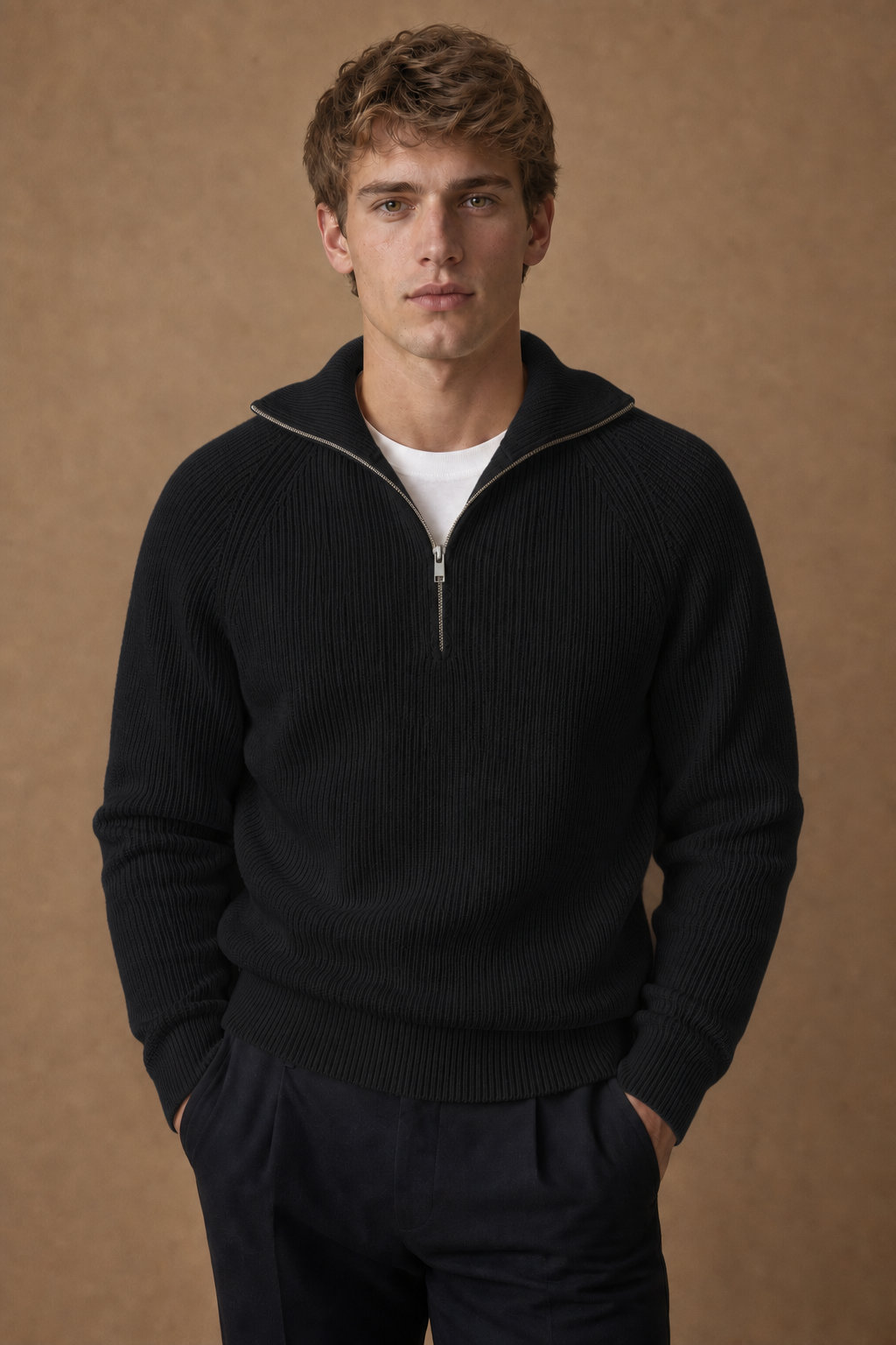 Mykonos Quarter Zip Sweater in Black on model — front pose