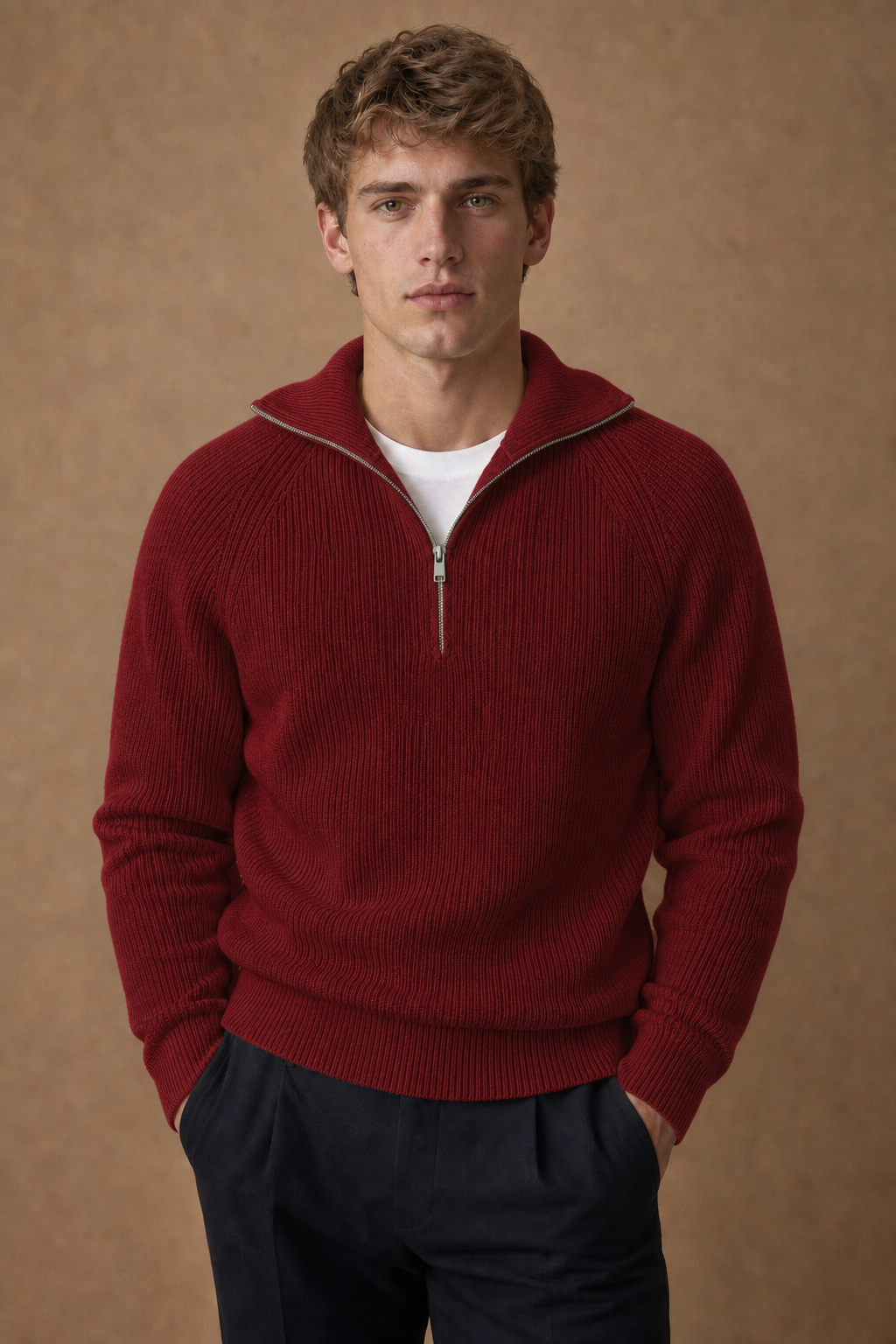 Mykonos Quarter Zip Sweater in Burgundy on model — front pose