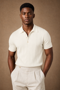 Naxos Pleated Polo Shirt in Ivory on model — front pose
