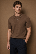 Ostuni Ribbed Polo Shirt in Brown on model — front pose