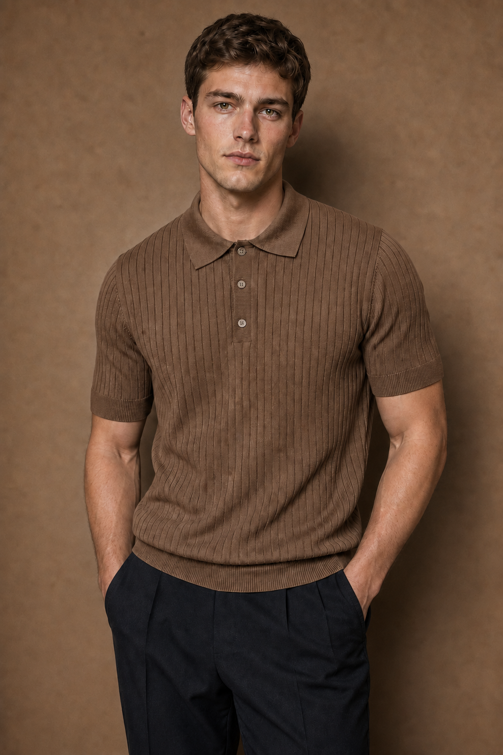 Ostuni Ribbed Polo Shirt in Brown on model — alternate pose