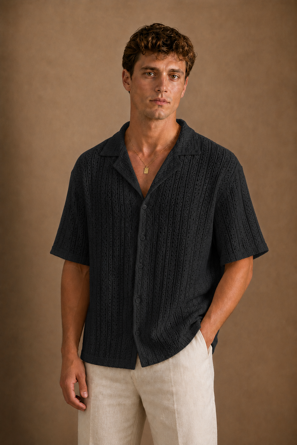 Panarea Knitted Shirt in Black on model - front pose