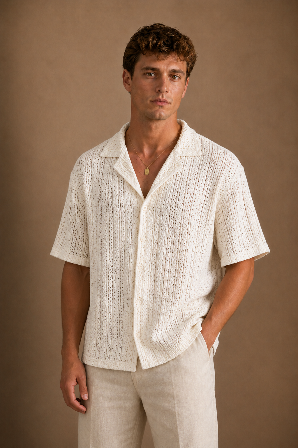 Panarea Knitted Shirt in Cream on model - front pose