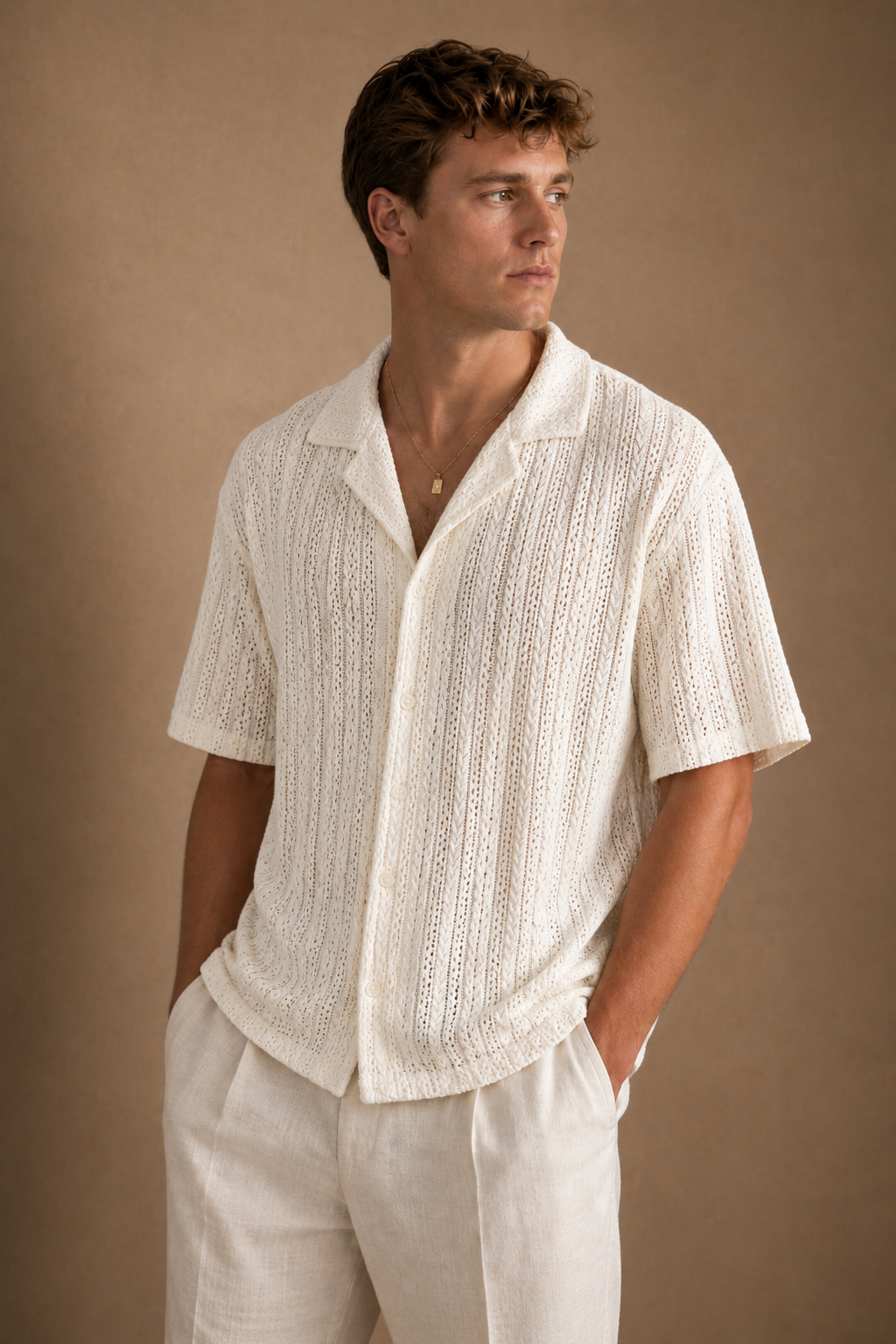 Panarea Knitted Shirt in Cream on model - alternate pose