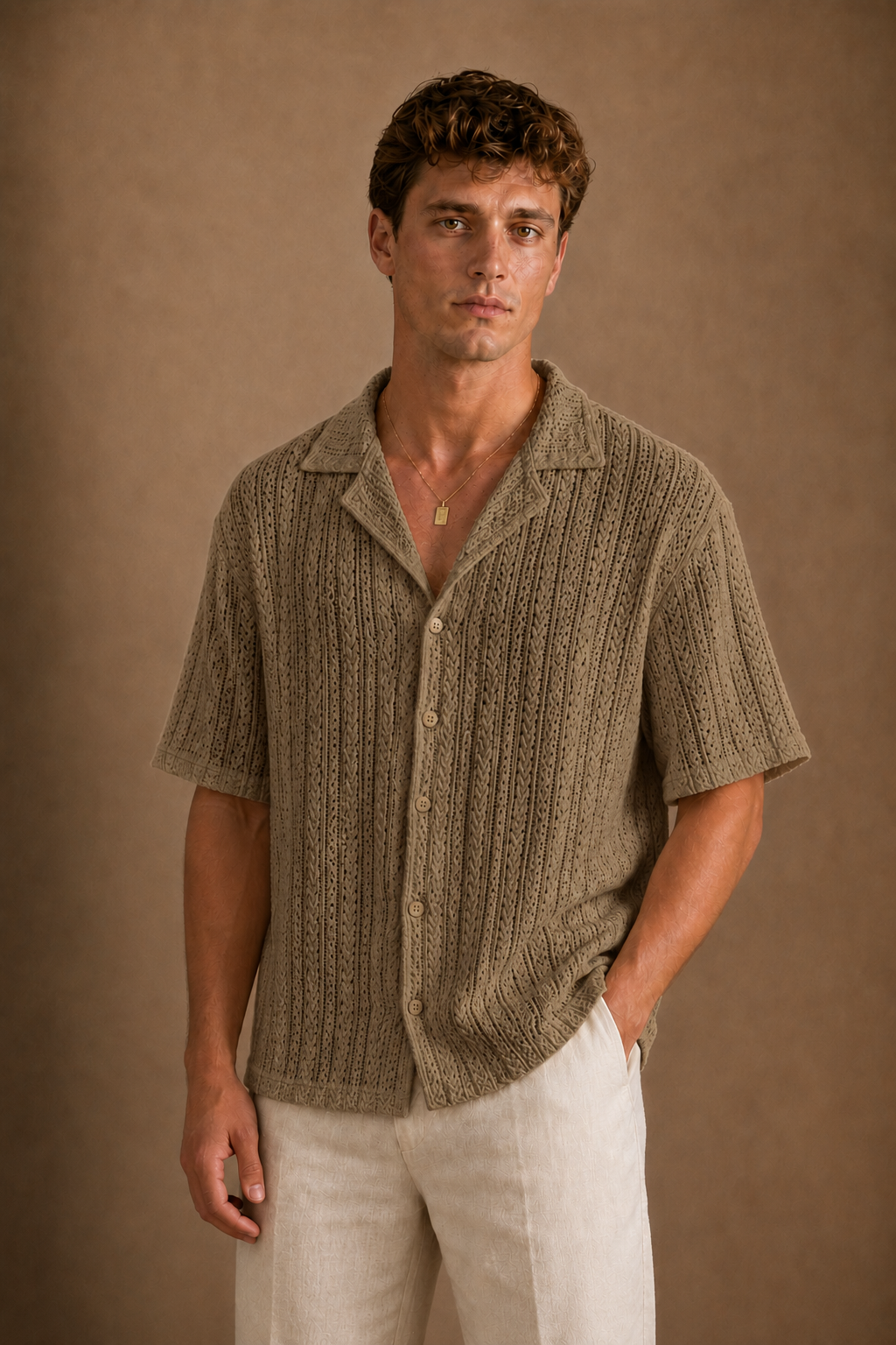 Panarea Knitted Shirt in Sand on model - front pose