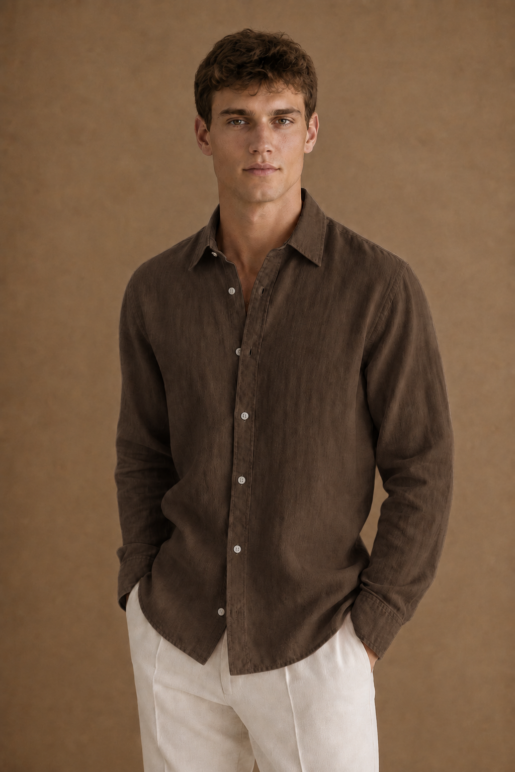 Paros Linen Shirt in Brown on model - front pose
