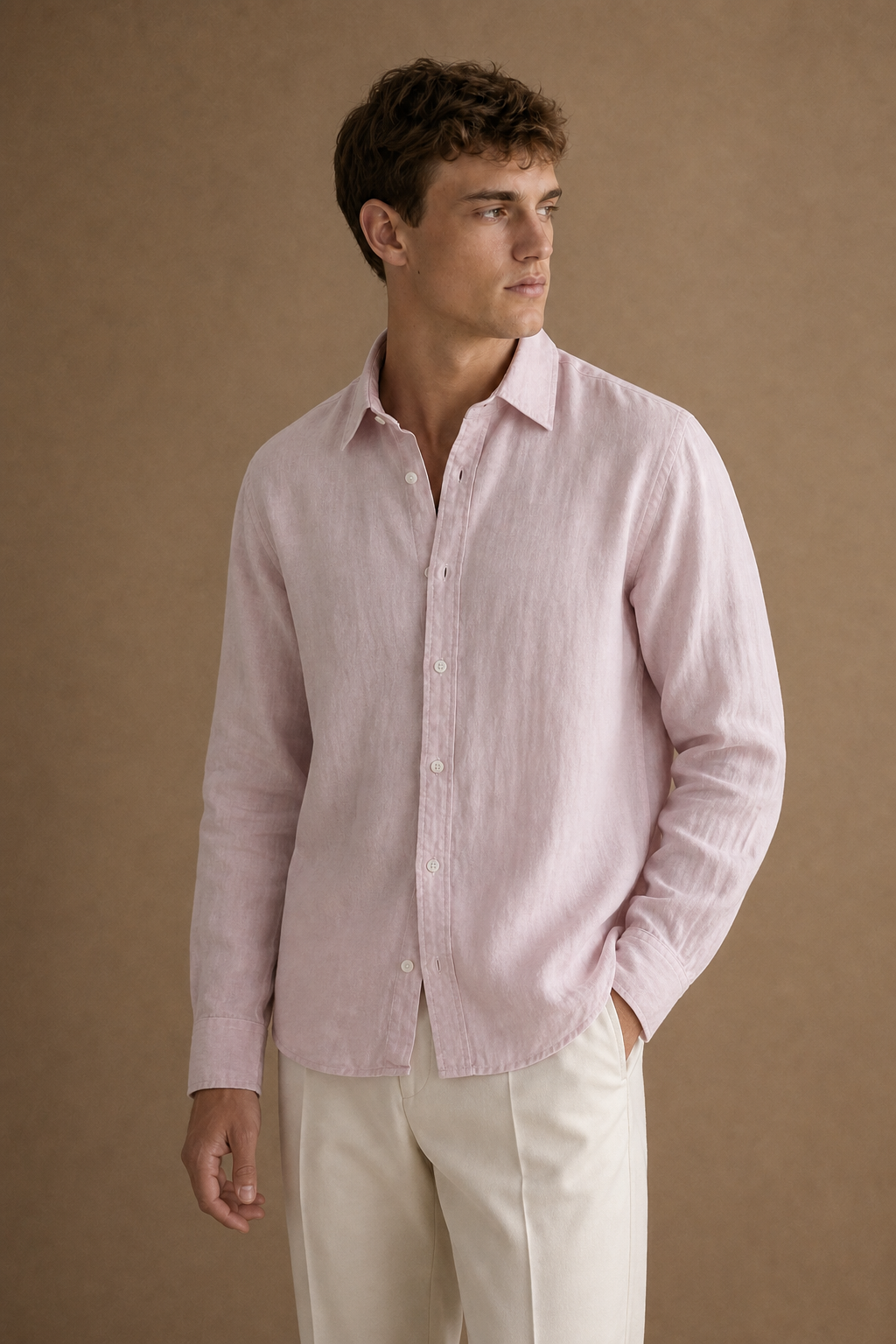 Paros Linen Shirt in Dusty Pink on model - alternate pose