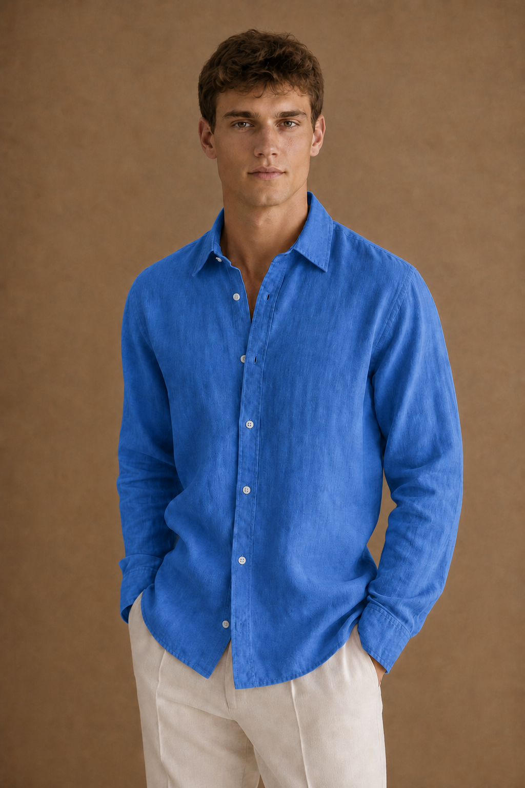Paros Linen Shirt in French Blue on model - front pose