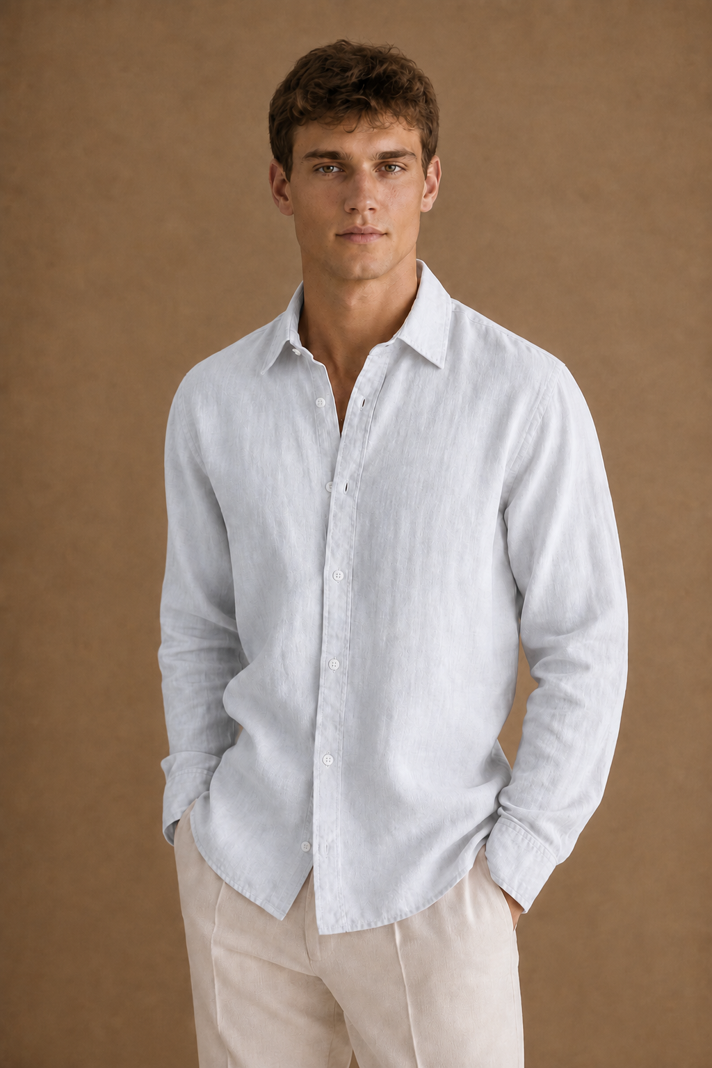 Paros Linen Shirt in Light Grey on model - front pose