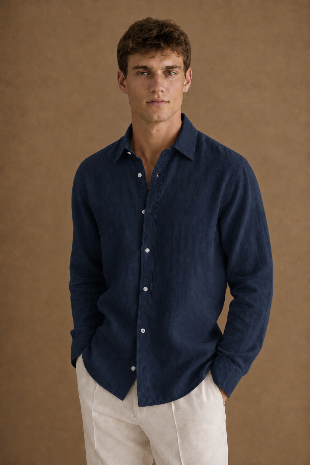 Paros Linen Shirt in Navy on model - front pose