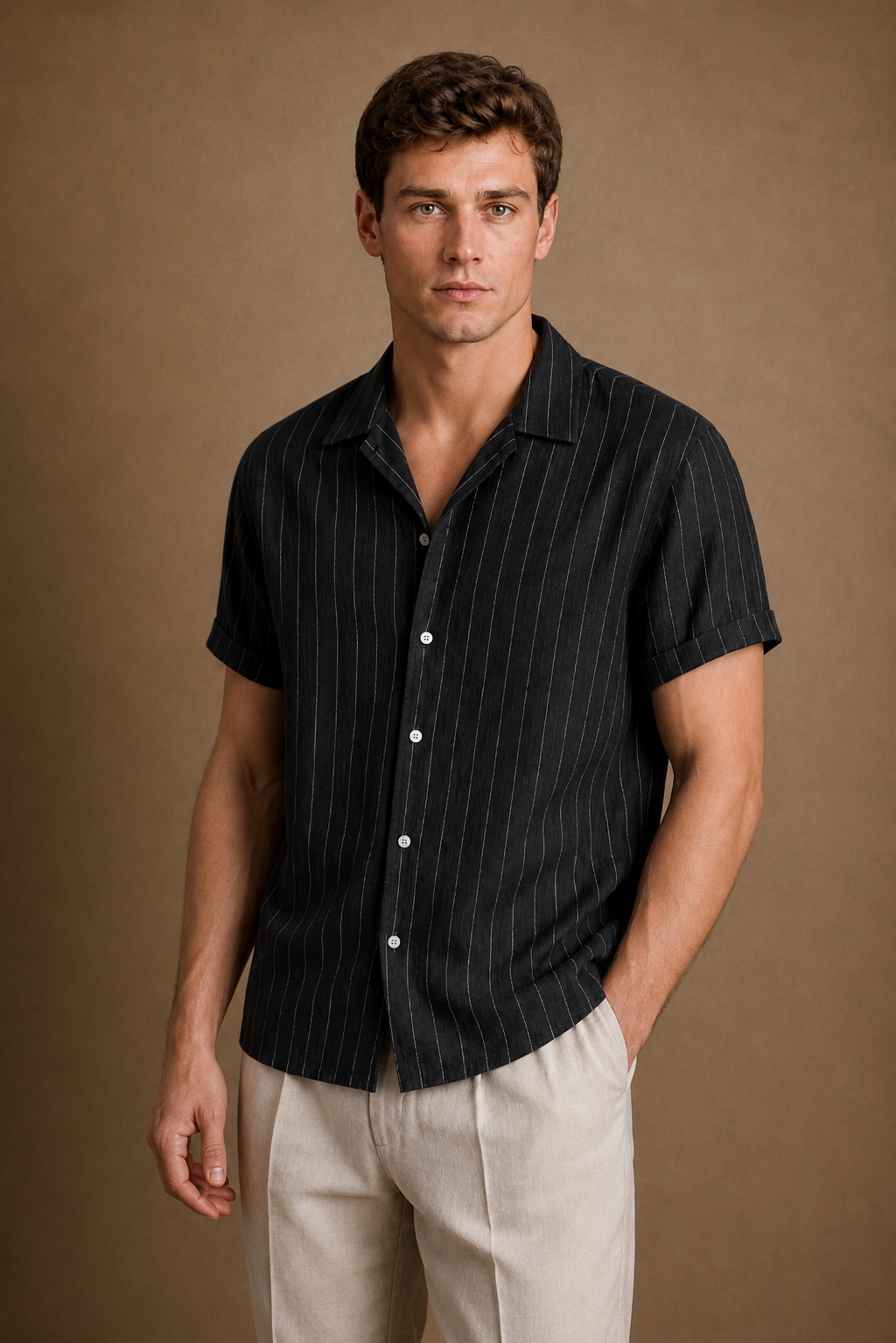 Ponza Shirt in Black with White Pinstripes on model - front pose