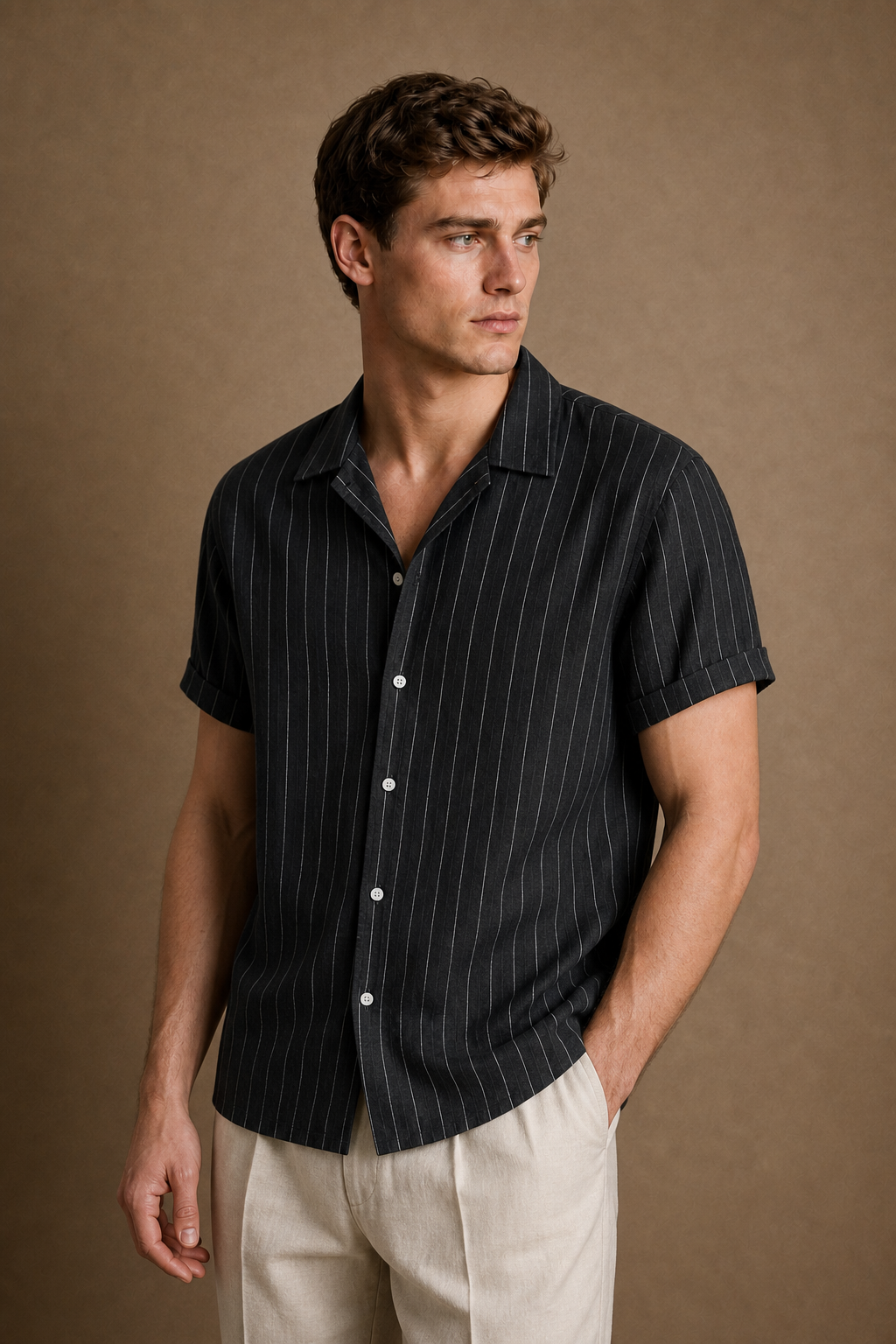 Ponza Shirt in Black with White Pinstripes on model - alternate pose