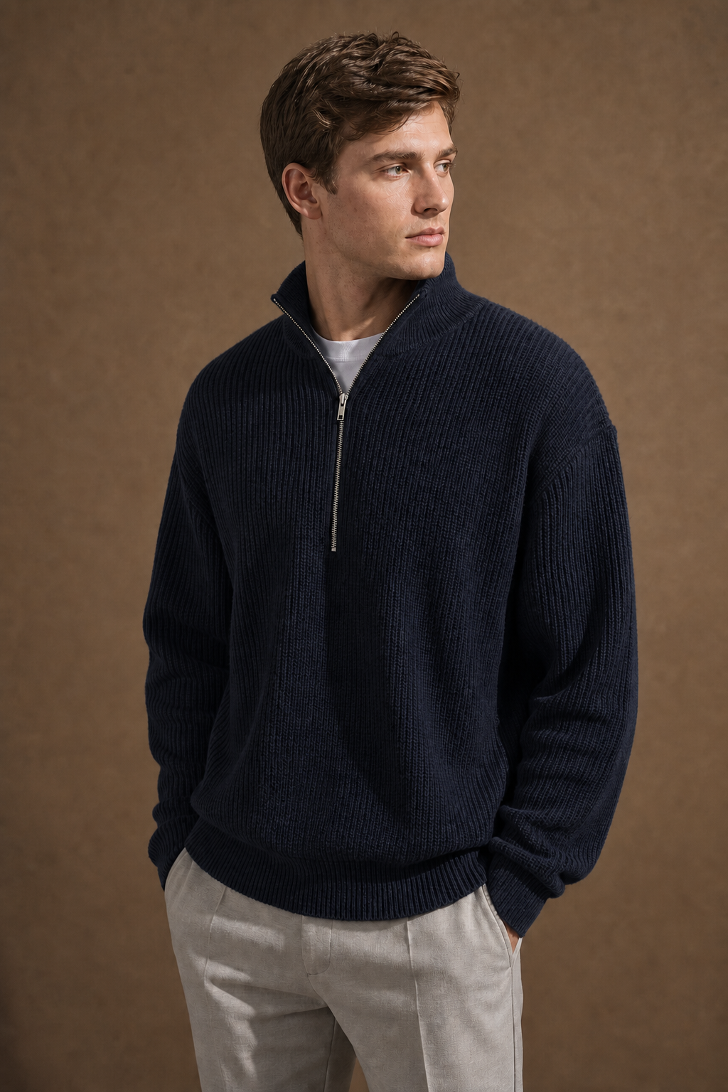 The Portofino Mock Neck Zip Sweater in Black on model — front pose