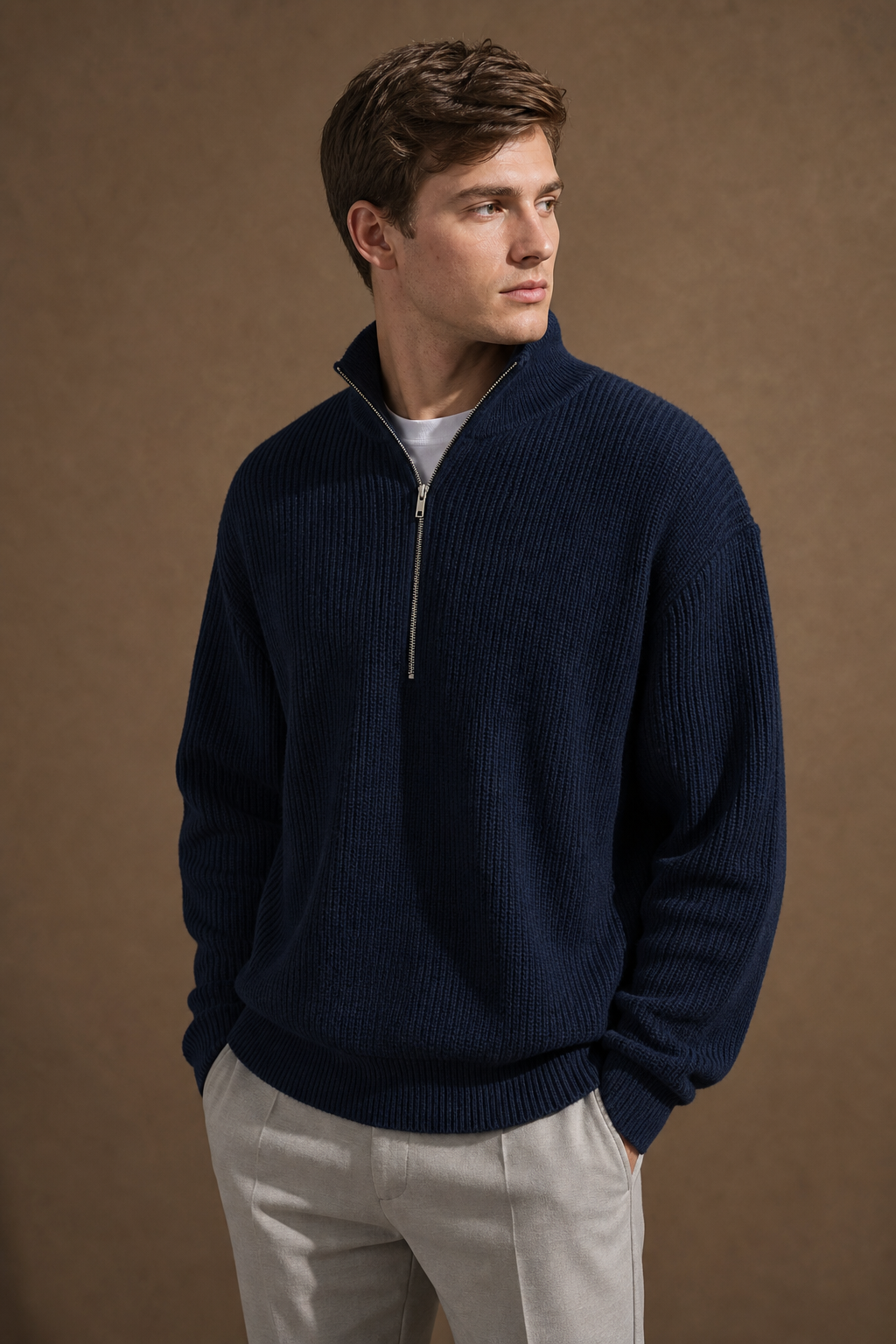 The Portofino Mock Neck Zip Sweater in Navy on model — front pose