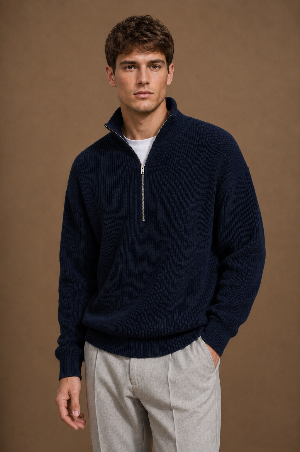 The Portofino Mock Neck Zip Sweater in Navy on model — alternate pose