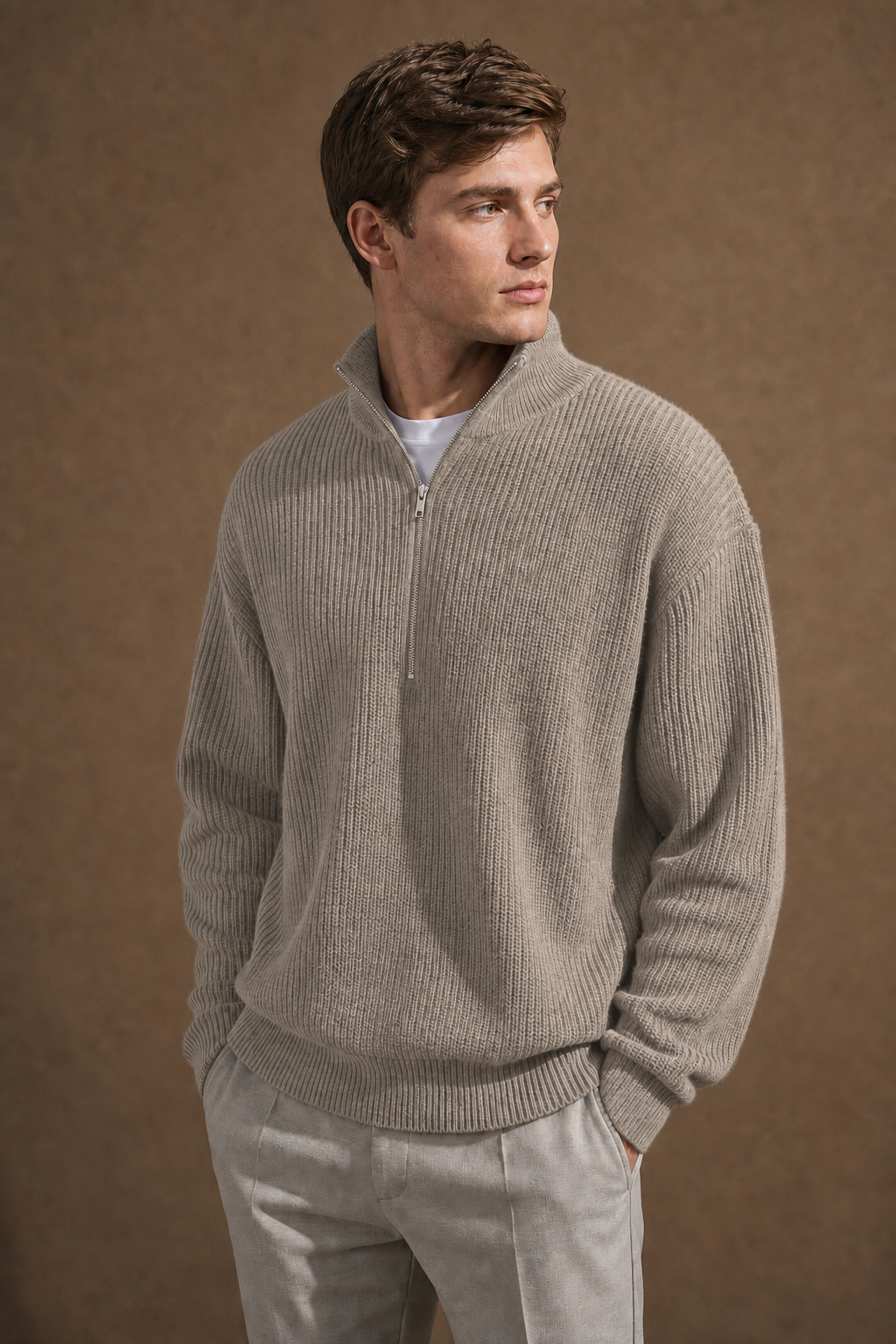 The Portofino Mock Neck Zip Sweater in Taupe on model — front pose