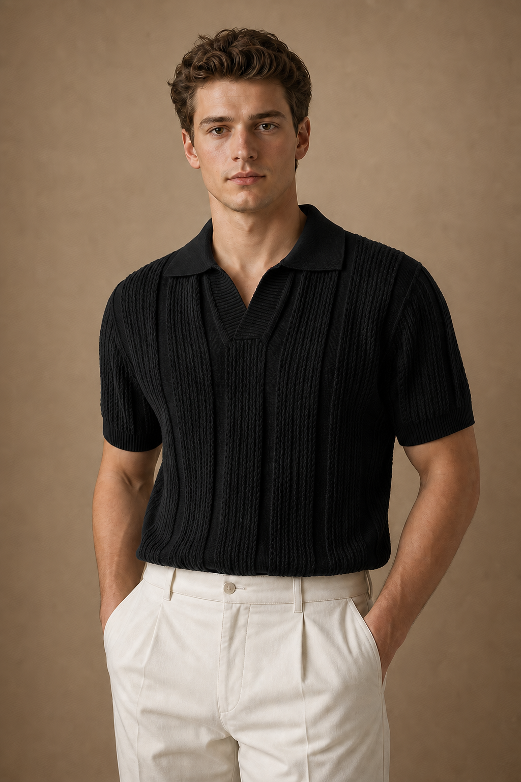 Positano Textured Knit Polo in Black on model — front pose